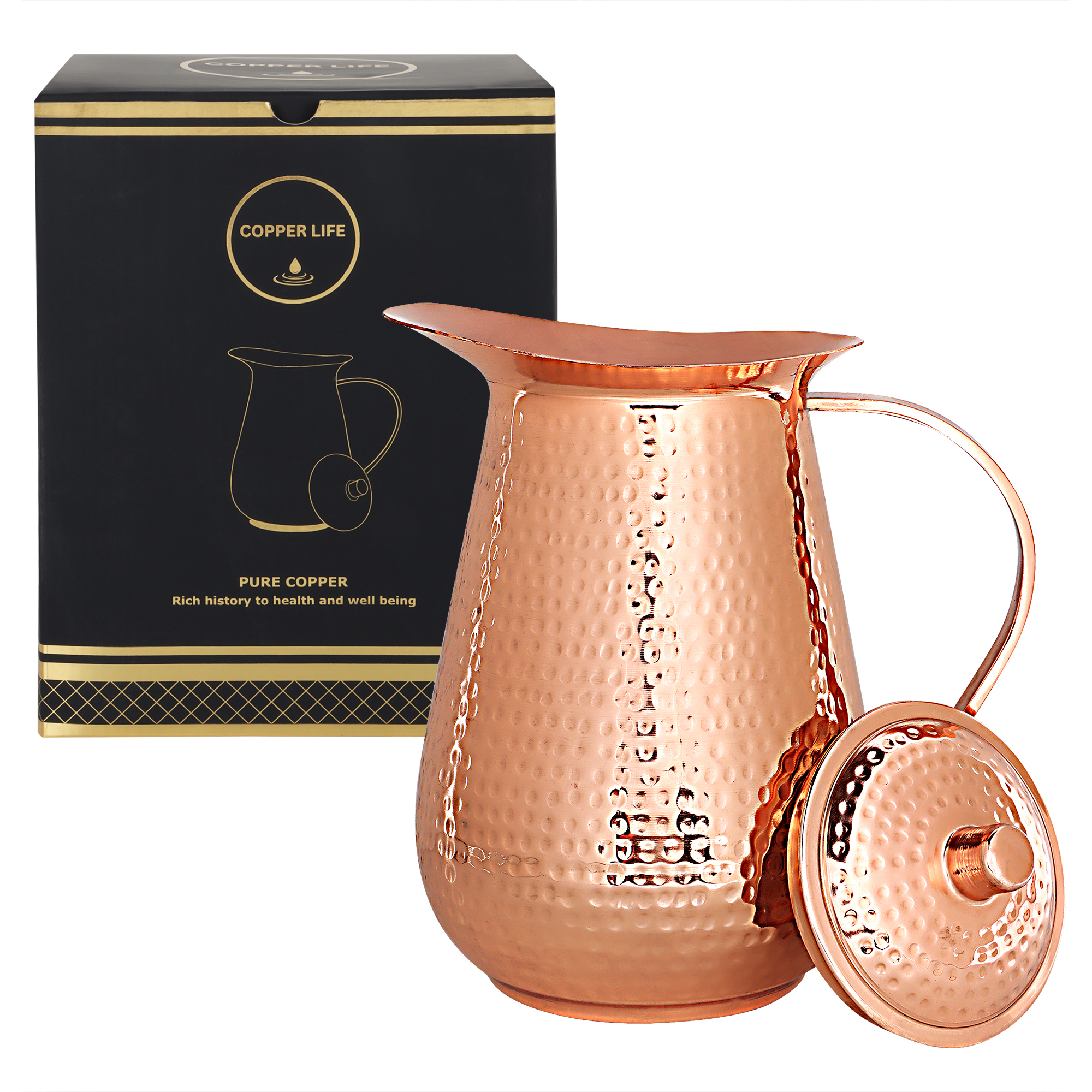 Copper Pitcher Water Mugs Handmade Hammered Large Jug with Lid 100% Pure Copper Unlined Uncoated for Ayurveda Health Benefits |70 Ounces for Home & Gifting