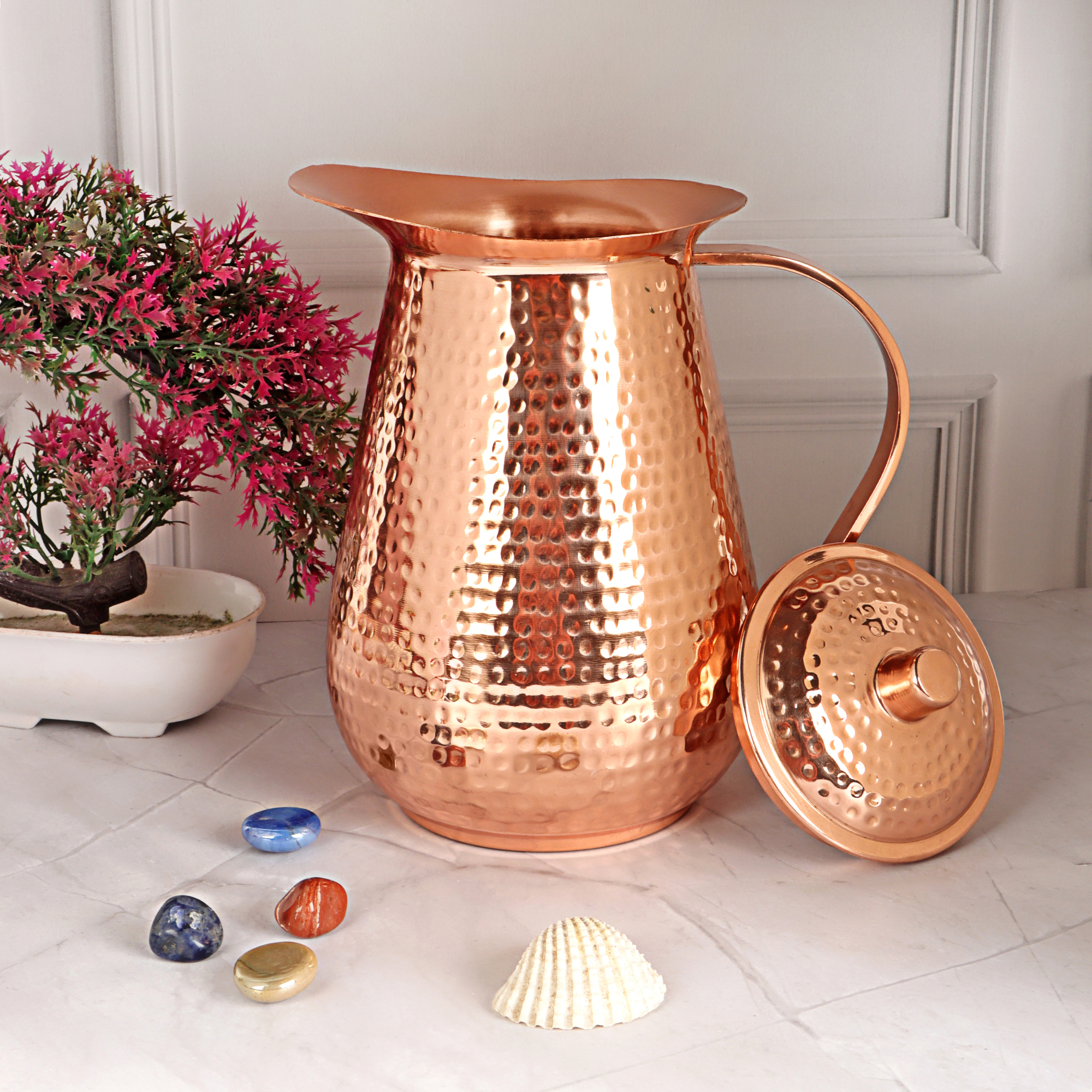 Copper Pitcher Water Mugs Handmade Hammered Large Jug with Lid 100% Pure Copper Unlined Uncoated for Ayurveda Health Benefits |70 Ounces for Home & Gifting