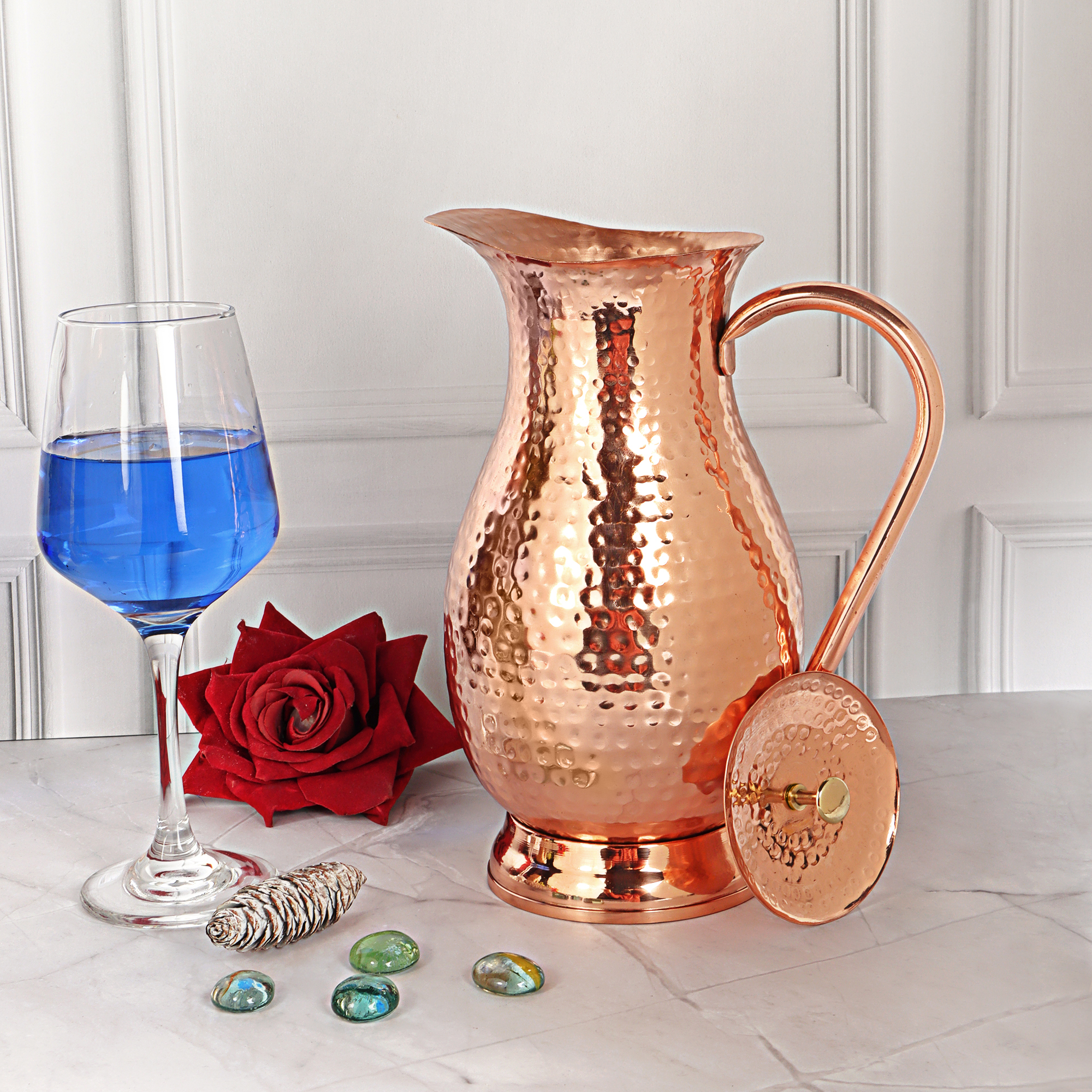 Copper Pitcher Water Mugs Handmade Hammered Large Jug with Lid 100% Pure Copper Unlined Uncoated Chemical Free for Ayurveda Health Benefits | 70 Ounces for Home & Gifting