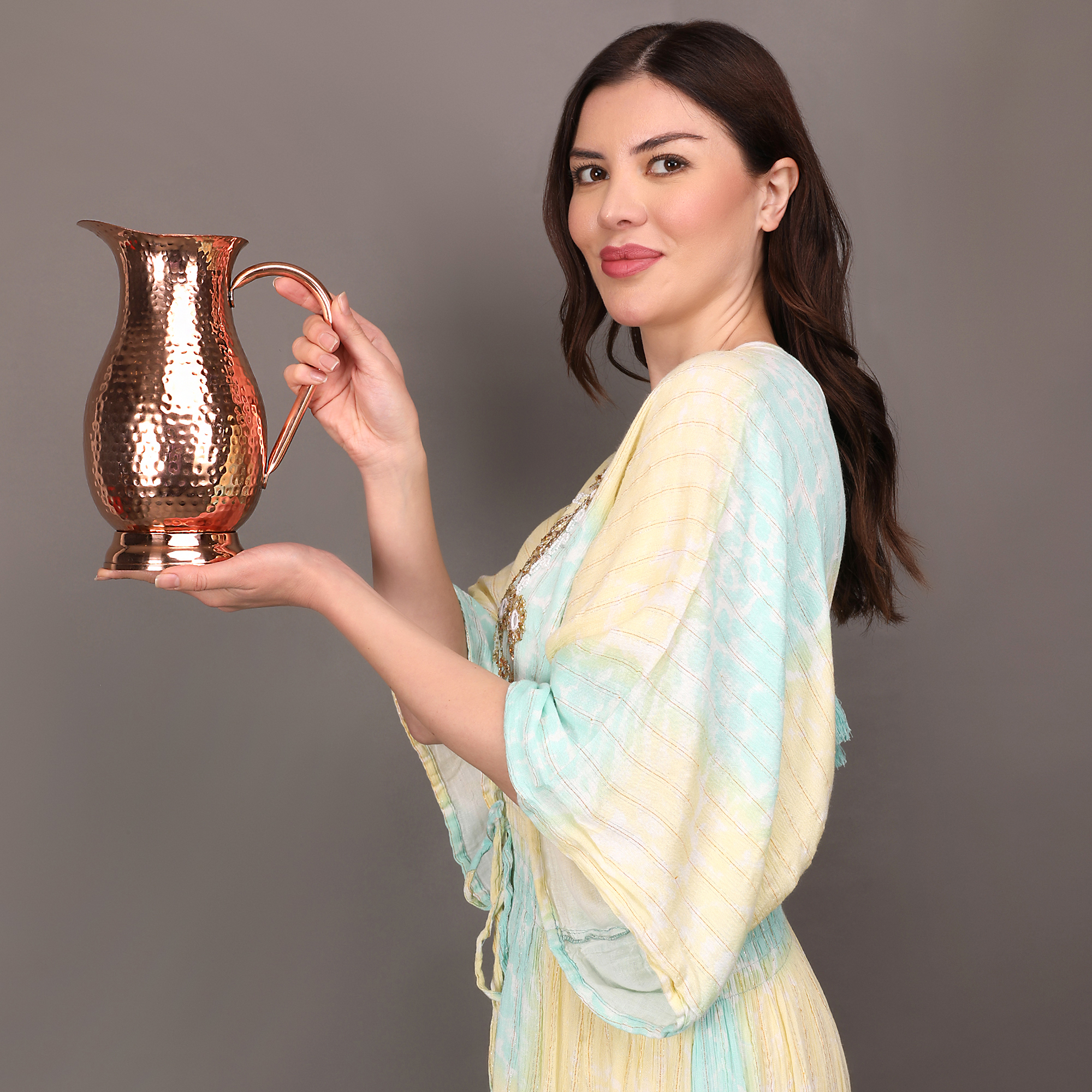 Copper Pitcher Water Mugs Handmade Hammered Large Jug with Lid 100% Pure Copper Unlined Uncoated Chemical Free for Ayurveda Health Benefits | 70 Ounces for Home & Gifting