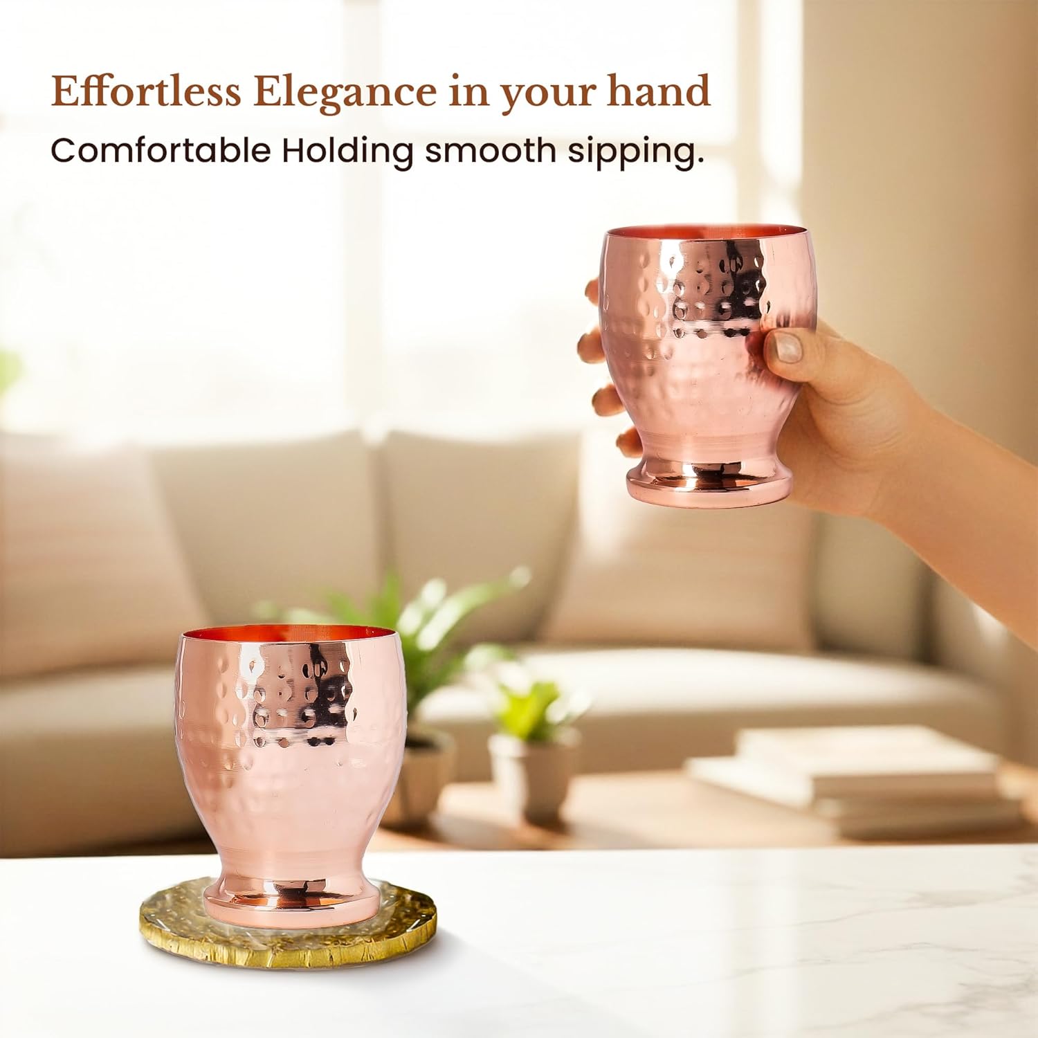 New Launch Pure Copper Cups Set of 2 | 99.3% Pure Copper Cup Glasses 10 - OZ each | Handmade Hammered Tumbler for Drinking | Mug Kitchen Accessories | Campa Solace Design Ideal for Home & Gifting