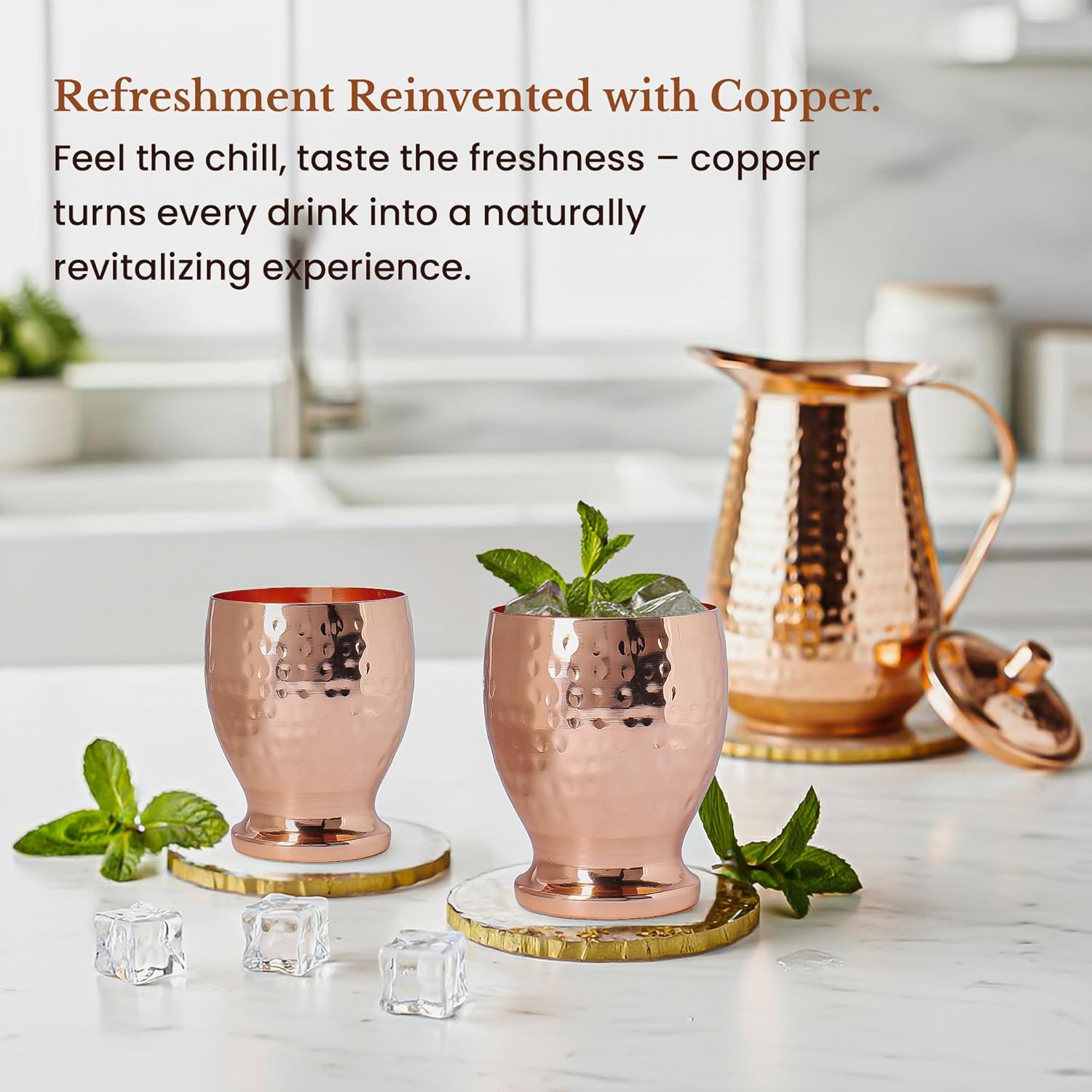 New Launch Pure Copper Cups Set of 2 | 99.3% Pure Copper Cup Glasses 10 - OZ each | Handmade Hammered Tumbler for Drinking | Mug Kitchen Accessories | Campa Solace Design Ideal for Home & Gifting