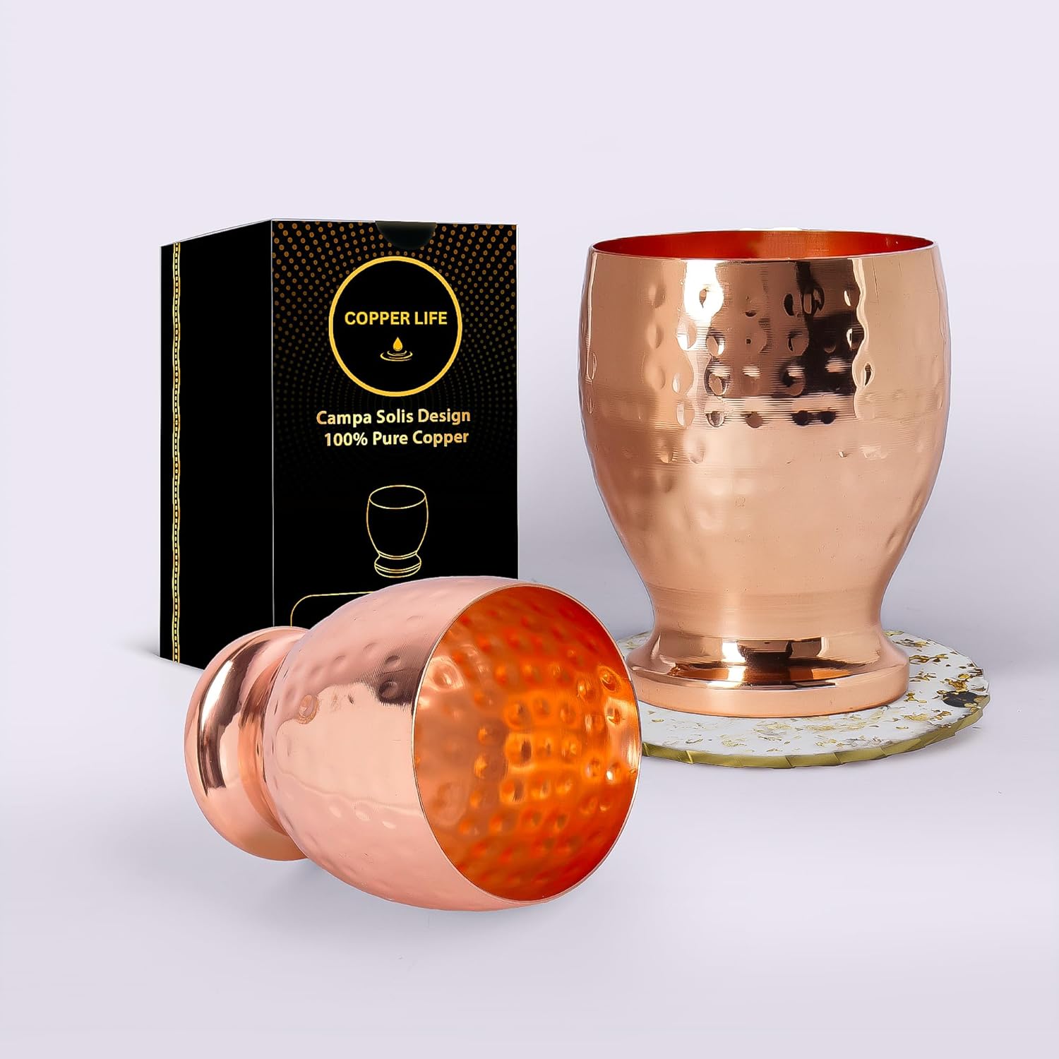 New Launch Pure Copper Cups Set of 2 | 99.3% Pure Copper Cup Glasses 10 - OZ each | Handmade Hammered Tumbler for Drinking | Mug Kitchen Accessories | Campa Solace Design Ideal for Home & Gifting