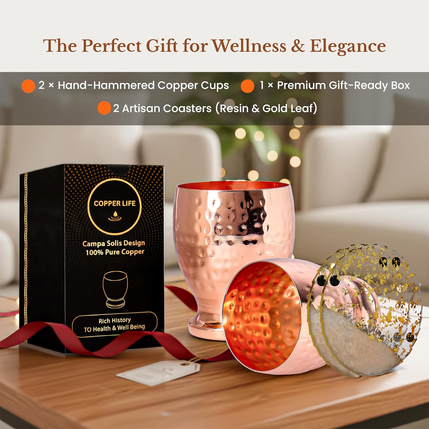 New Launch Pure Copper Cups Set of 2 | 99.3% Pure Copper Cup Glasses 10 - OZ each | Handmade Hammered Tumbler for Drinking | Mug Kitchen Accessories | Campa Solace Design Ideal for Home & Gifting