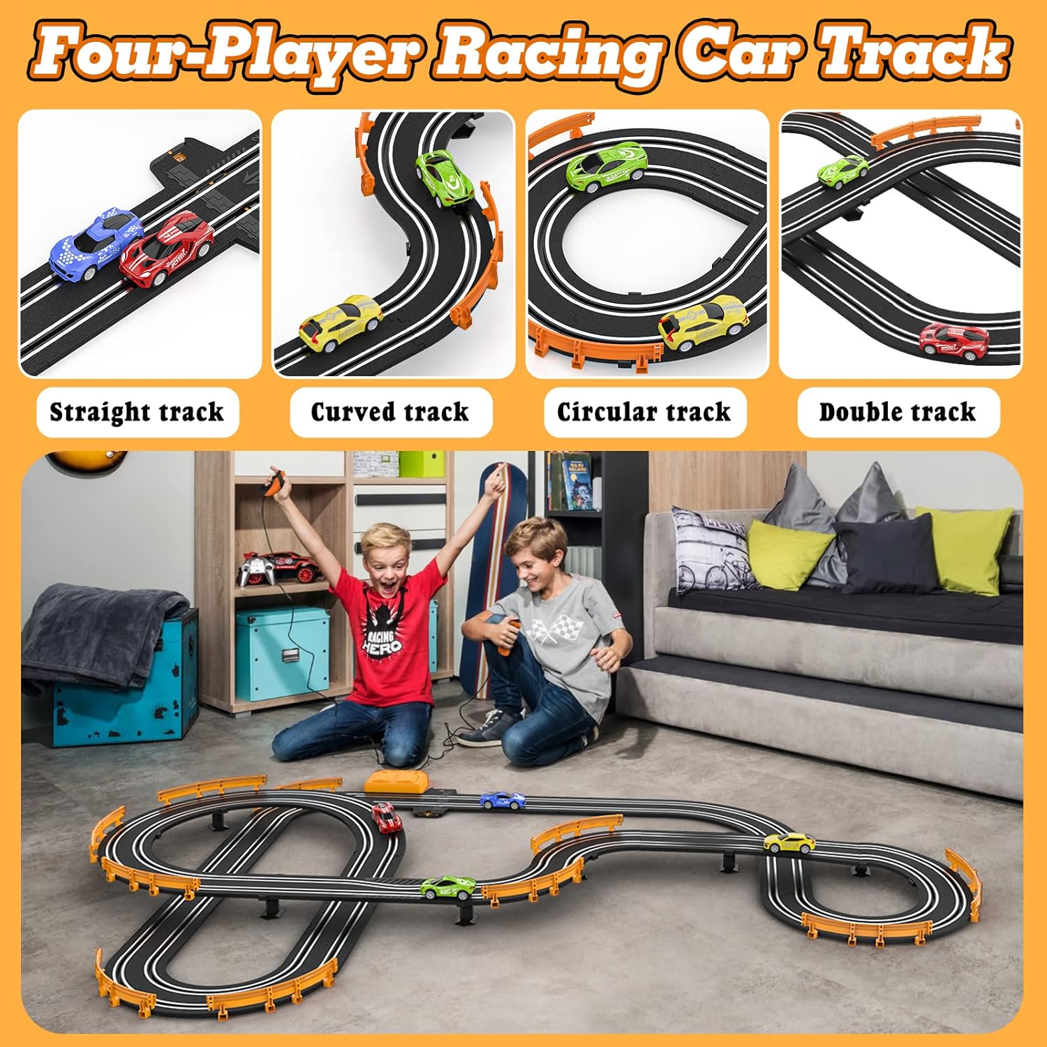 Slot Car Race Track Sets with 4 High-Speed Slot Cars