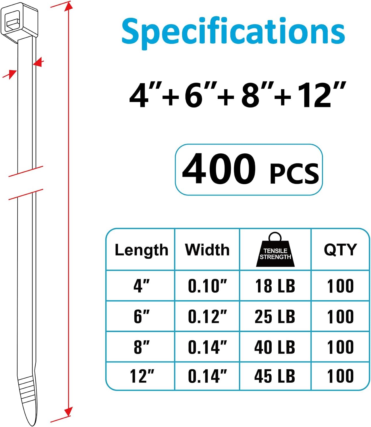 Zip Ties Assorted Sizes(4”+6”+8”+12”)