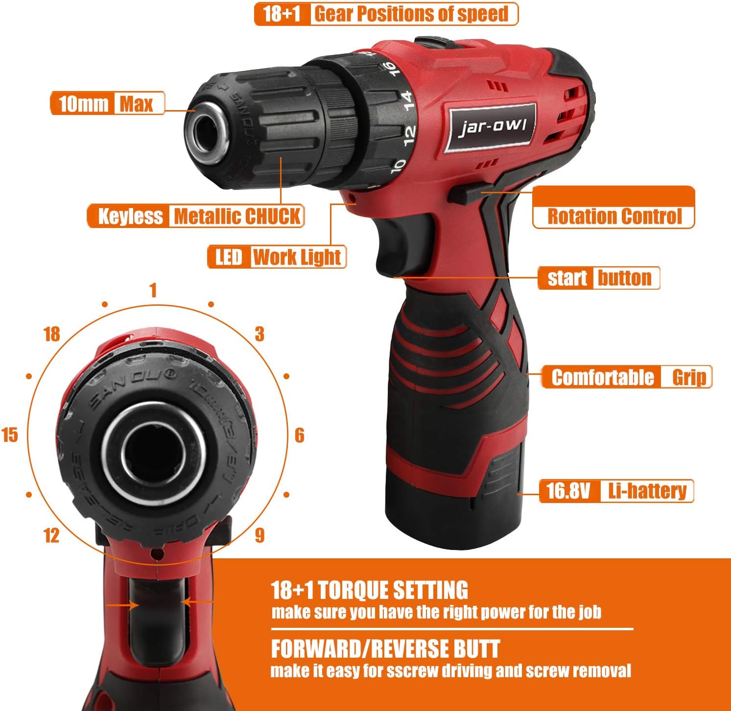 108 Piece Home Tool Kit with Drill,16.8V Cordless Drill Driver with Drill Bit Set