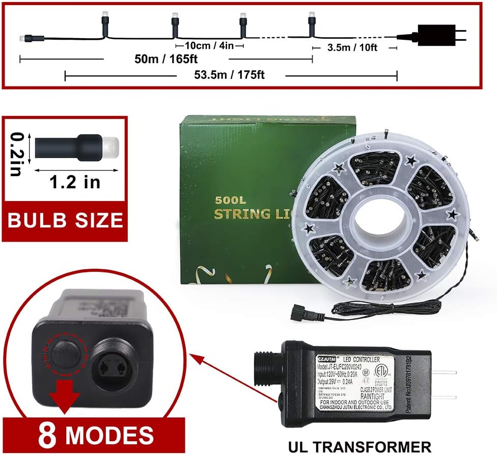 MYGOTO Christmas LED String Lights 500L 165feet 8 Modes 30V 
