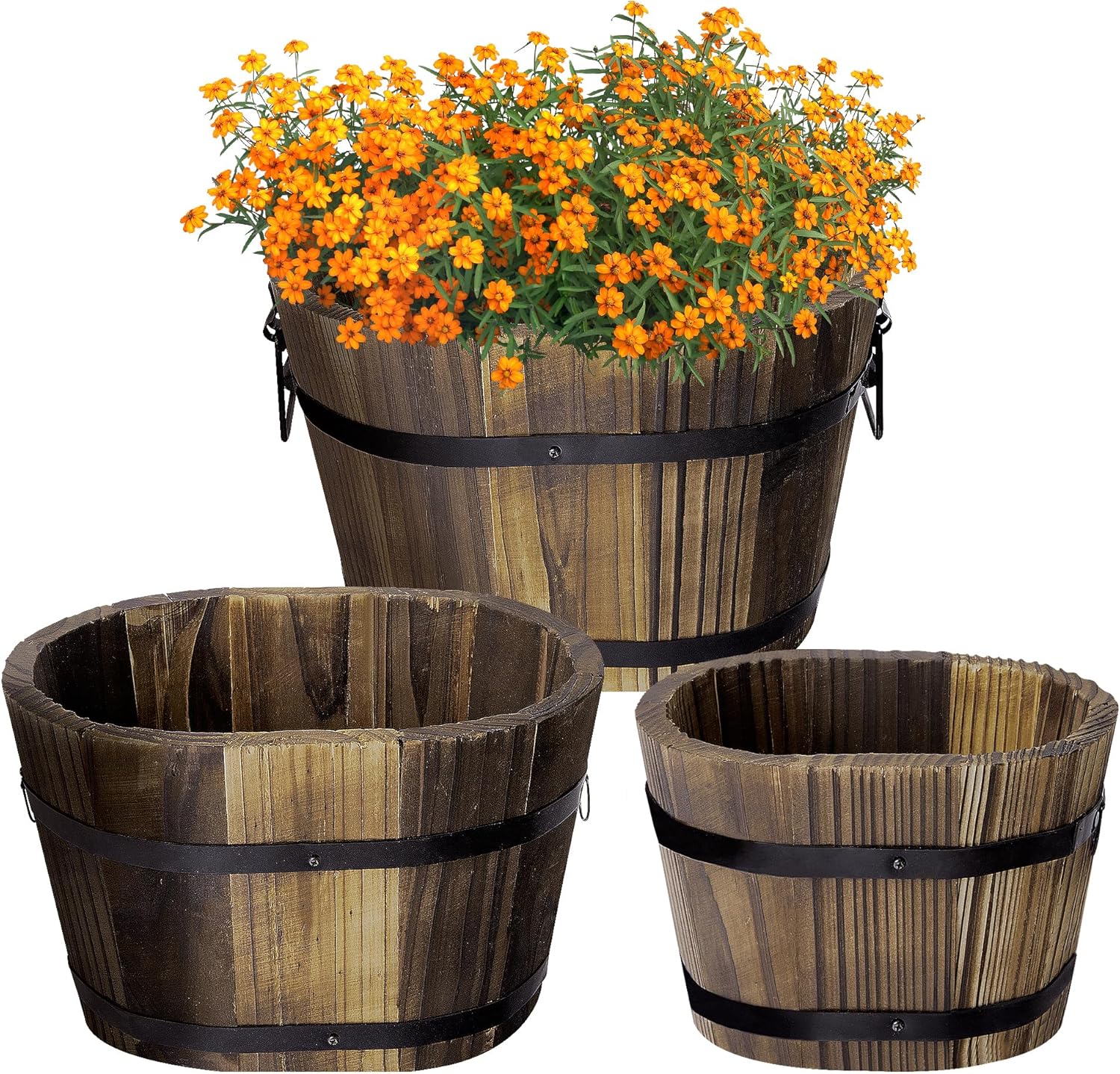 Adnee 3Pcs Wooden Whiskey Barrel Planters
