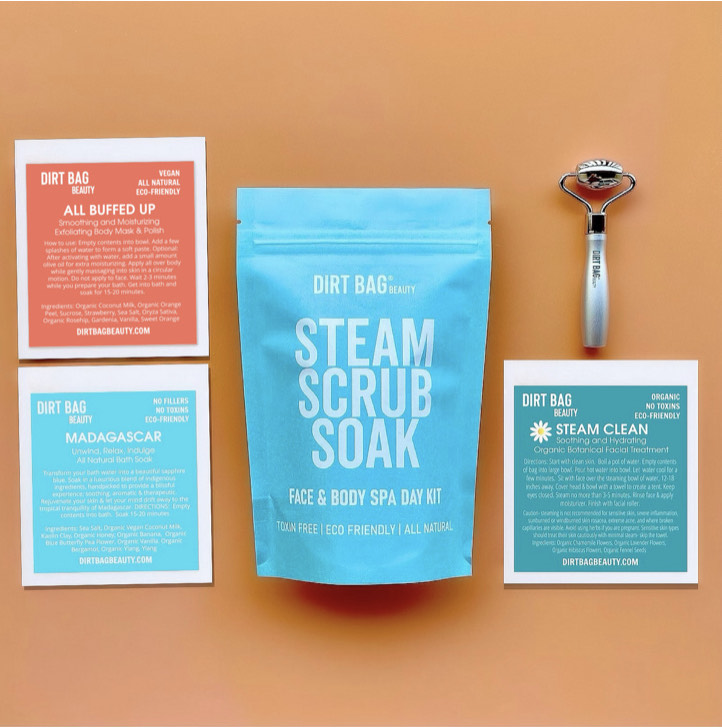 Dirt Bag Beauty-Spa Kit -Facial Steam, Body Scrub, Bath Soak, Facial Roller