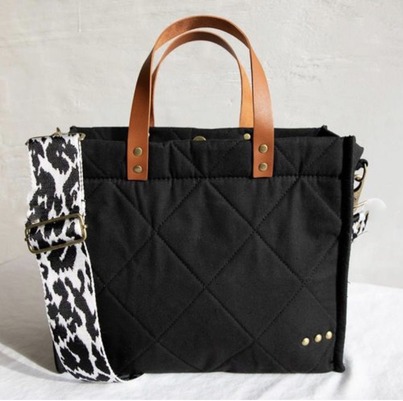 Quilted Cotton Crossbody Tote Bag- Black