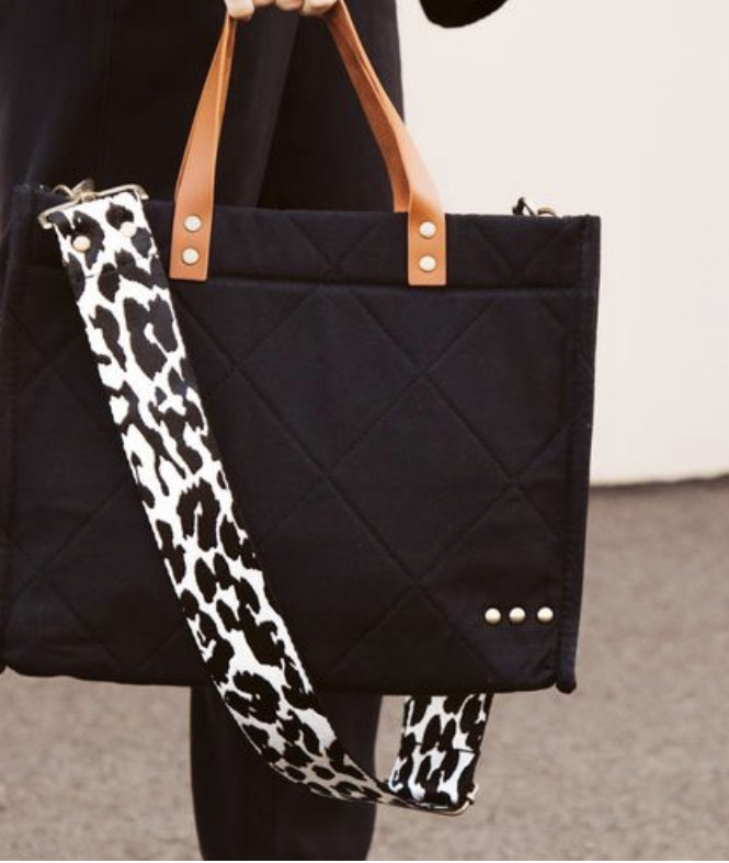 Quilted Cotton Crossbody Tote Bag- Black