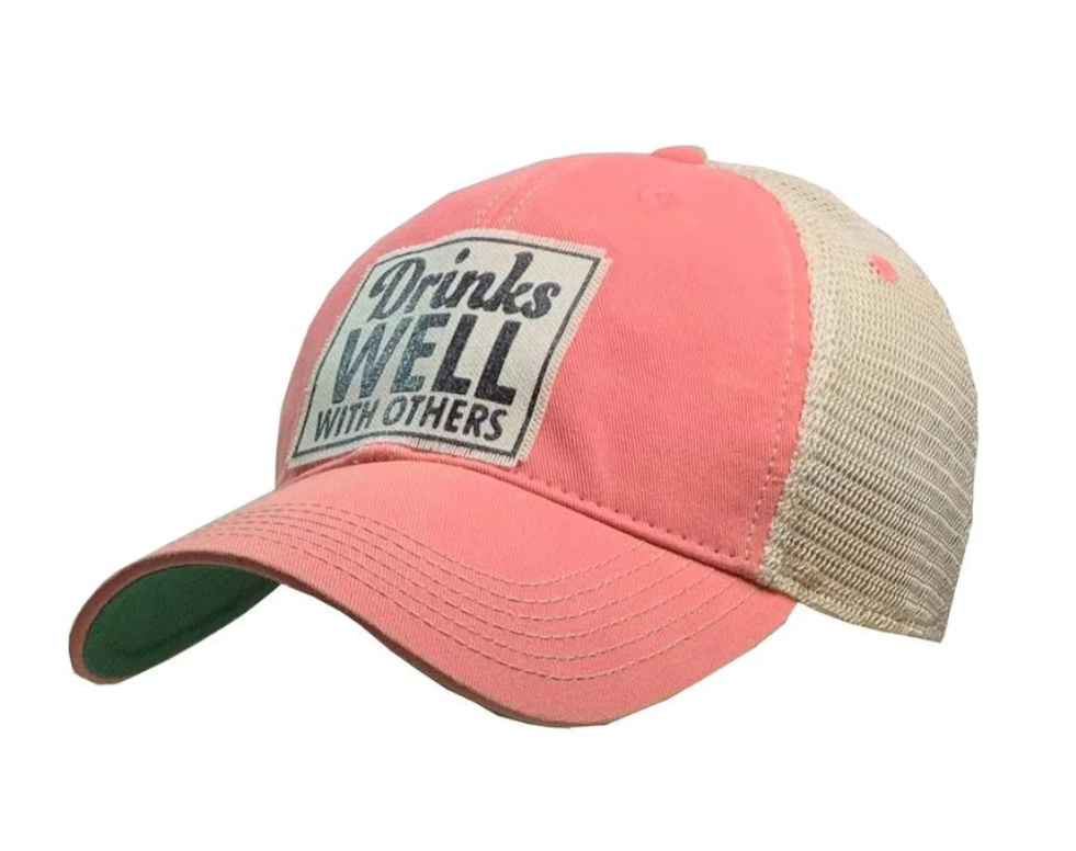  Vintage Coral Distressed Trucker Cap-Drinks Well With Others
