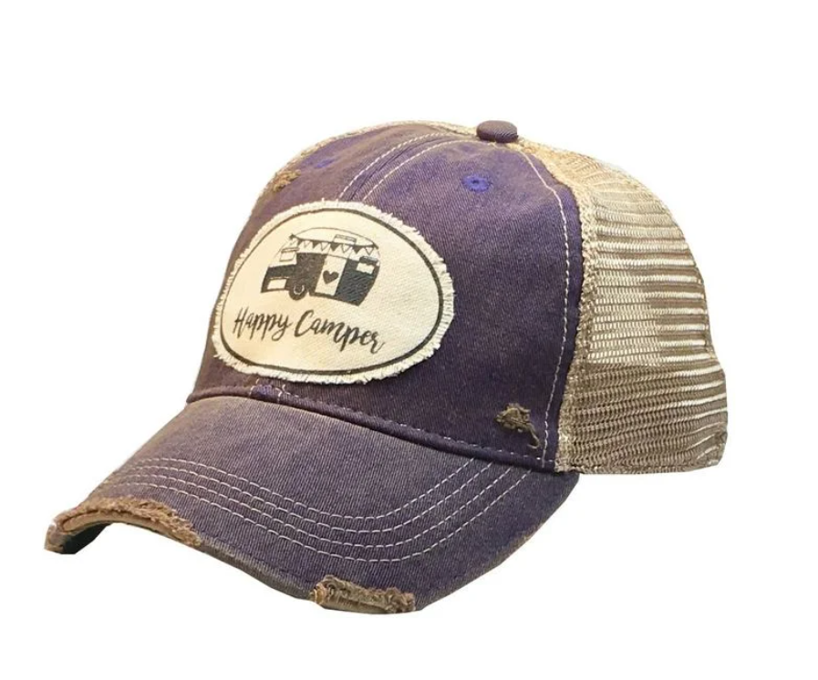 Vintage Purple Happy Camper Distressed Trucker Hat