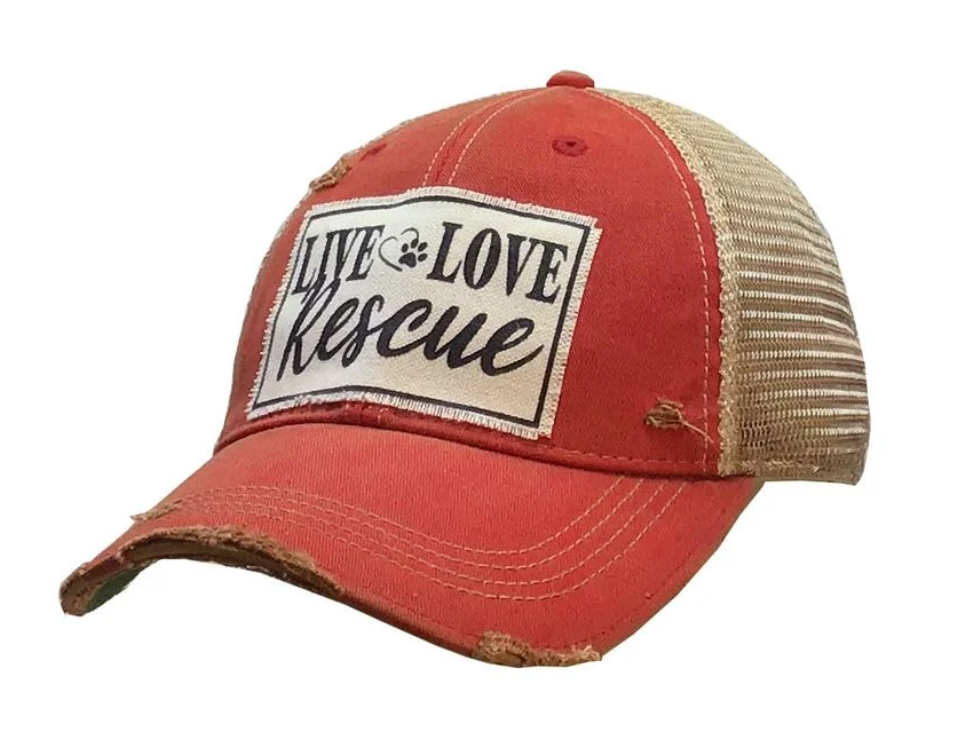 Red Live Love Rescue Distressed Trucker Hat