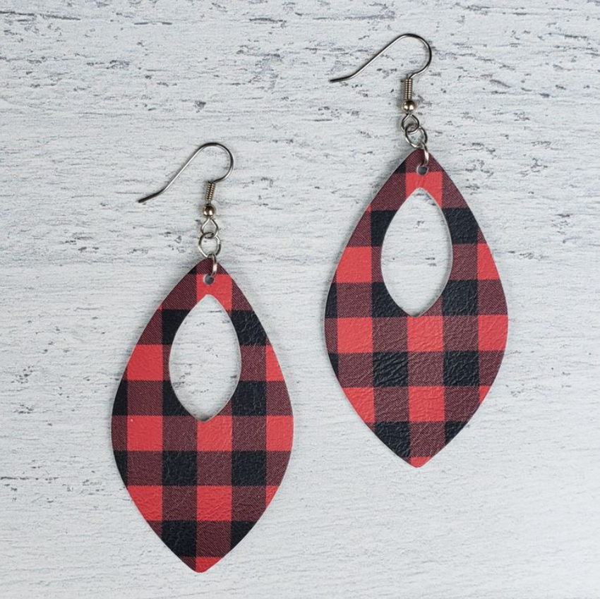 Buffalo Plaid Leather Open Teardrop Earrings