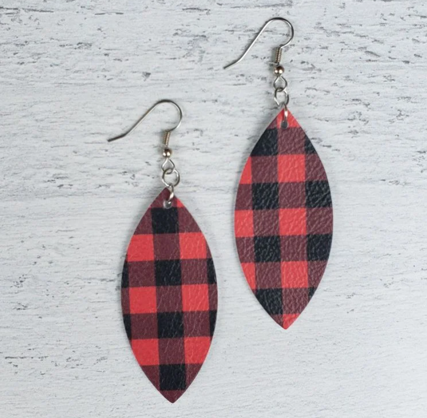 Buffalo Plaid Print Leather Petal Earrings