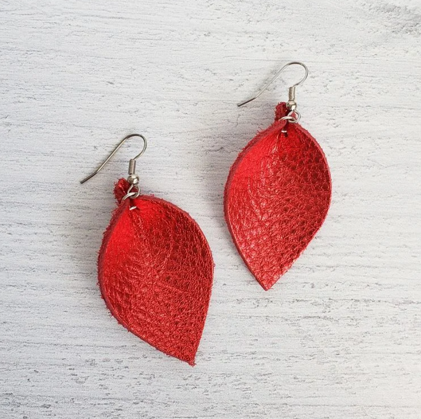 Mini Red Pinched Leather Earrings