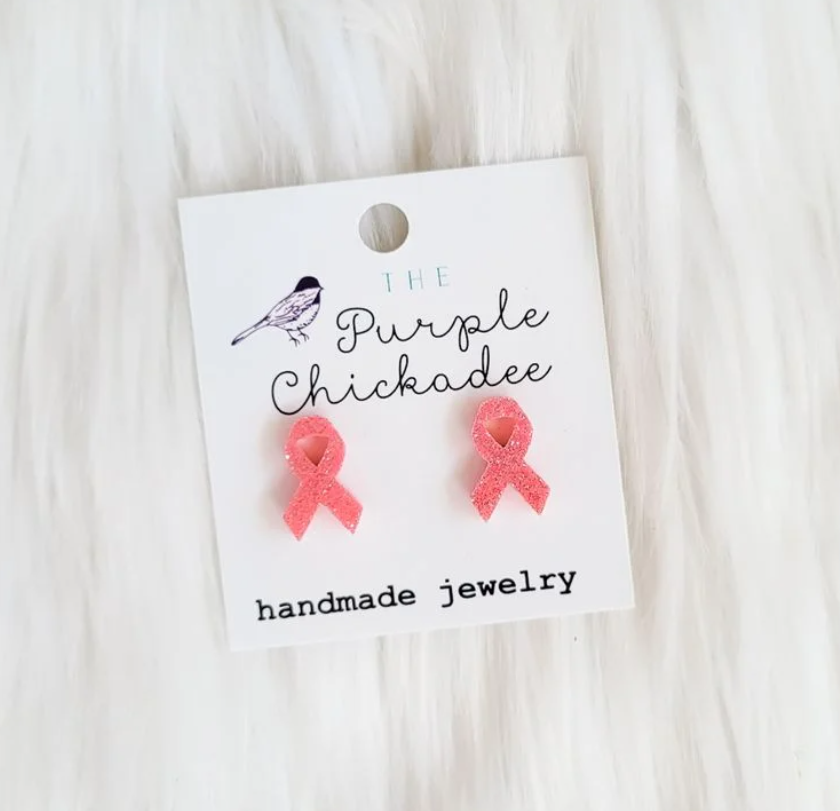 Pink Glitter Breast Cancer Awareness Ribbon Acrylic Earrings