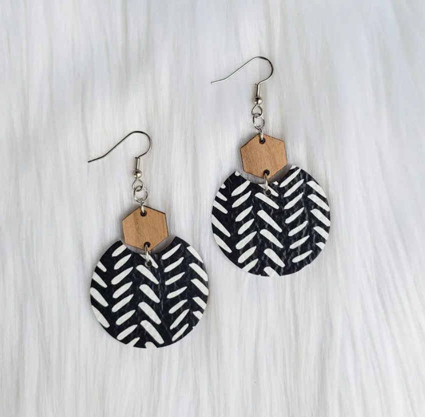 Black Chevron Semi Circle Leather Earrings