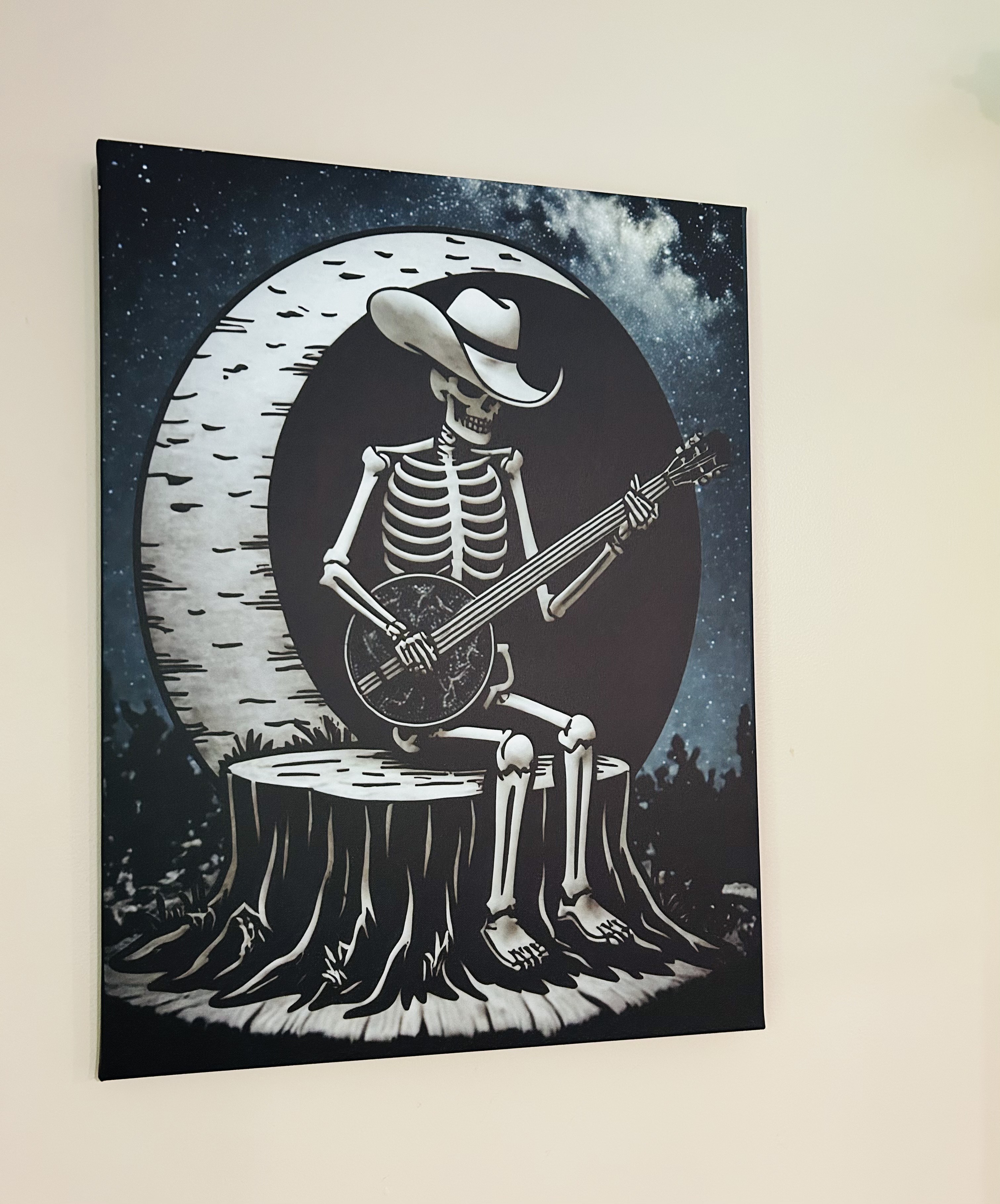 “Slim Pickinz” – Skeleton Cowboy Canvas (18"x24") 💀🪕🌕
