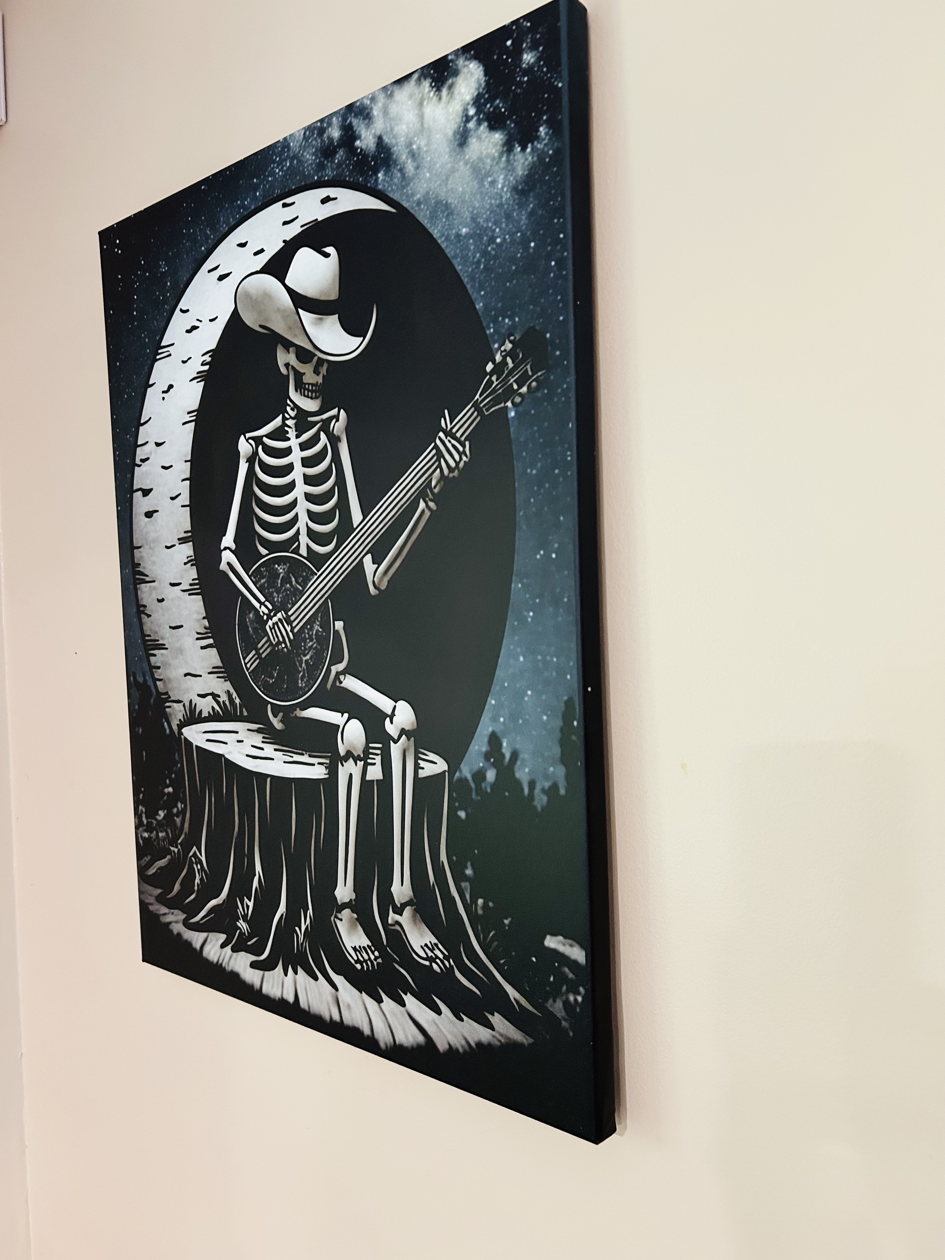 “Slim Pickinz” – Skeleton Cowboy Canvas (18"x24") 💀🪕🌕
