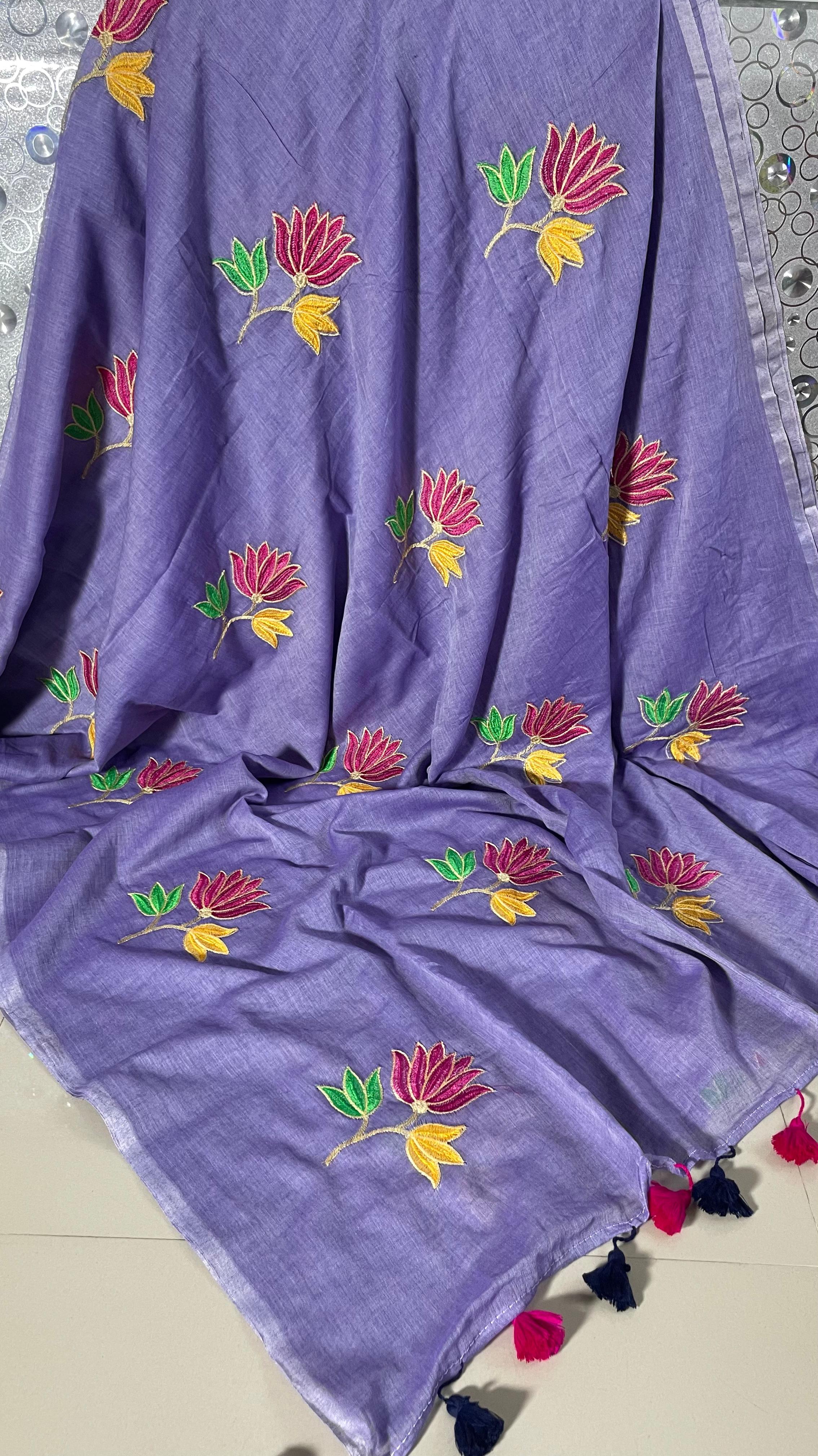 MULL COTTON LOTUS EMBROIDERY SAREE