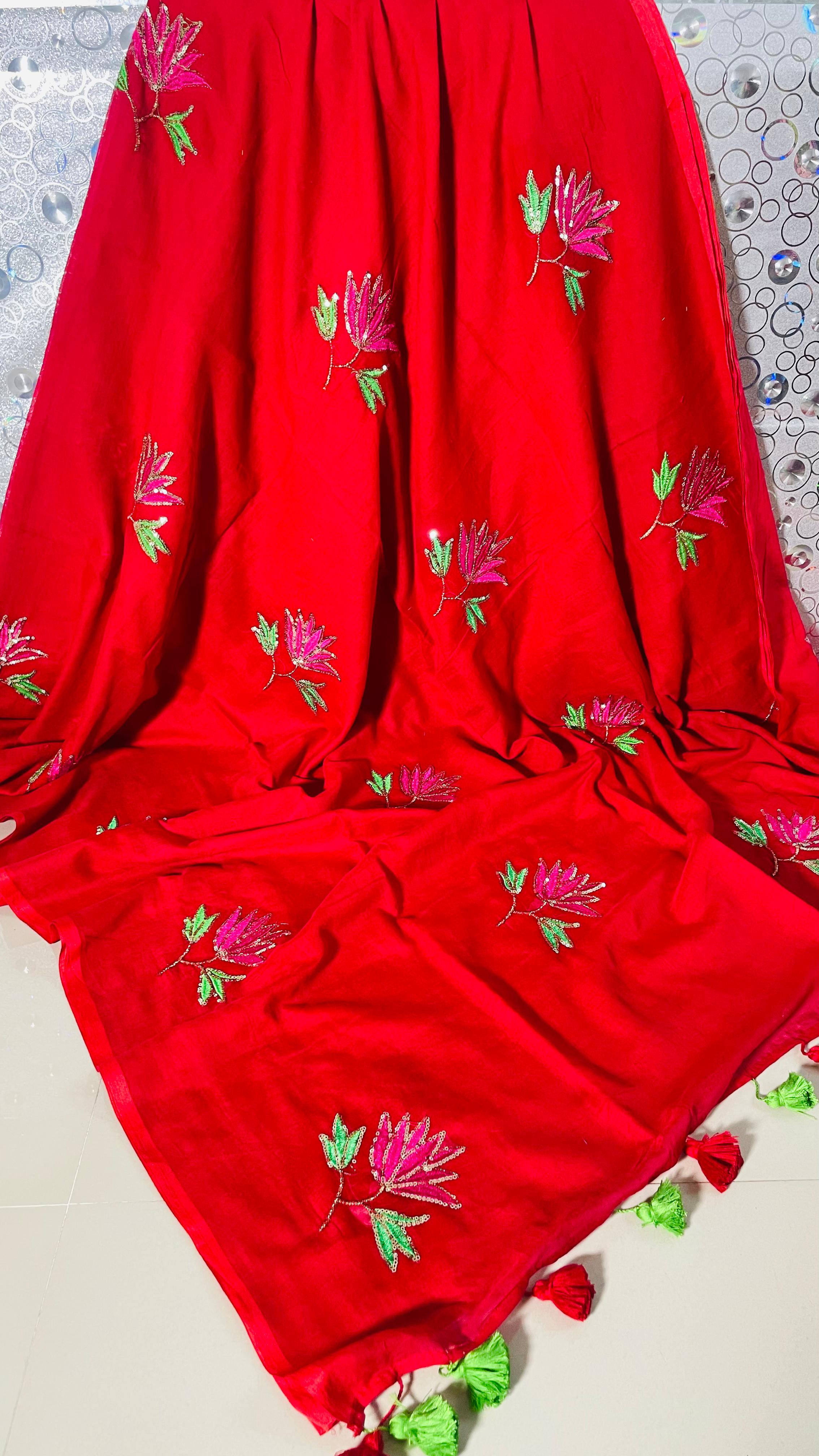 MULL COTTON LOTUS EMBROIDERY SAREE