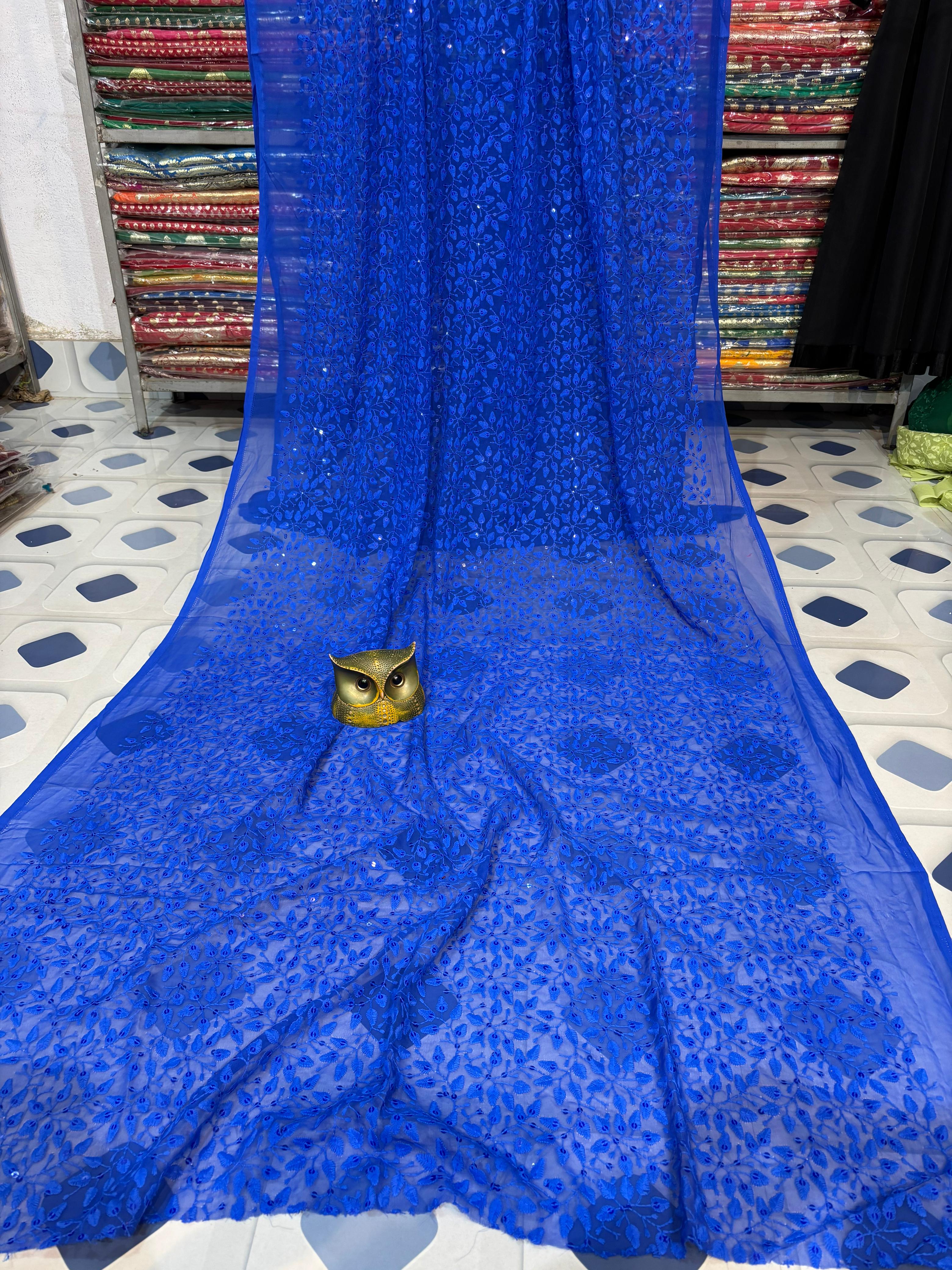 Super soft party wear pure sifon chikon kari saree (with out bp)