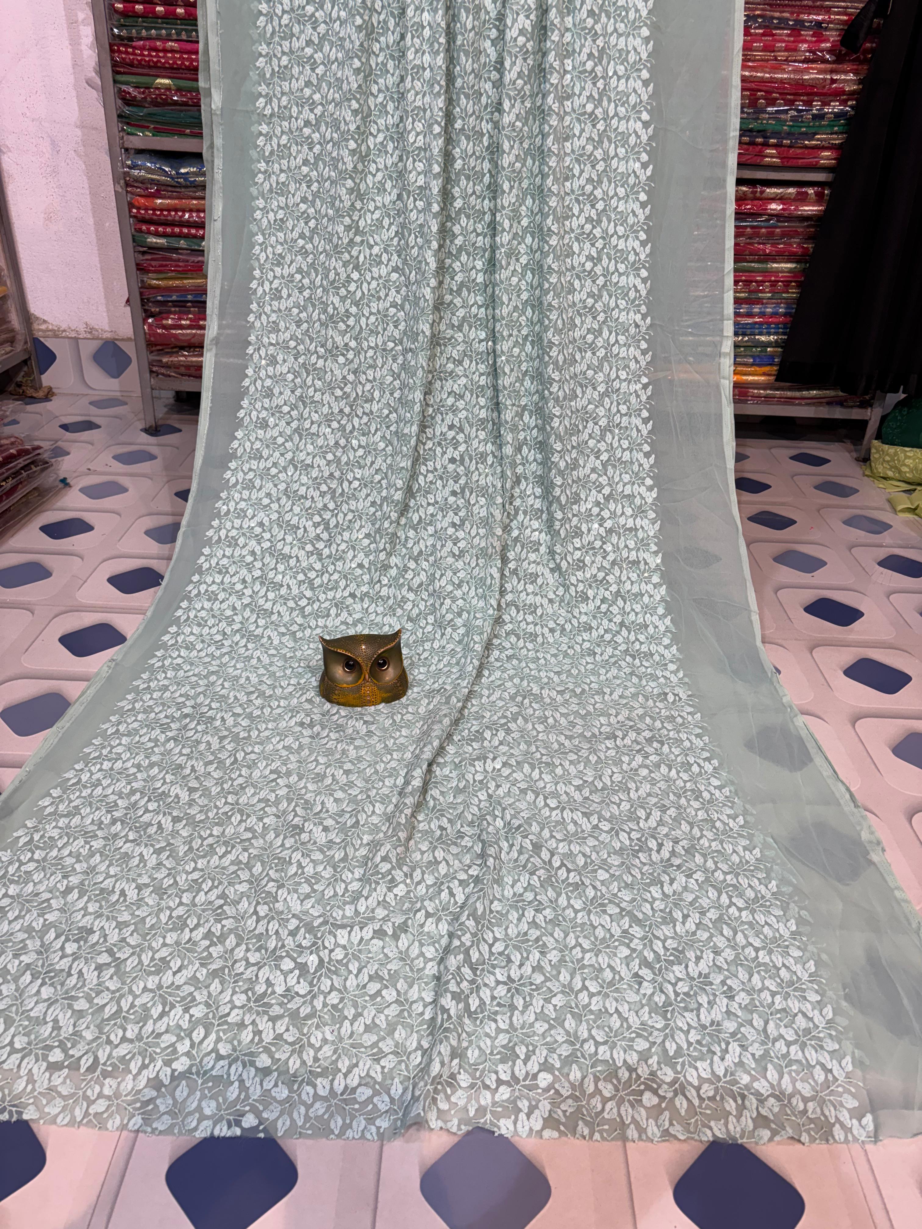 Super soft party wear pure sifon chikon kari saree (with out bp)