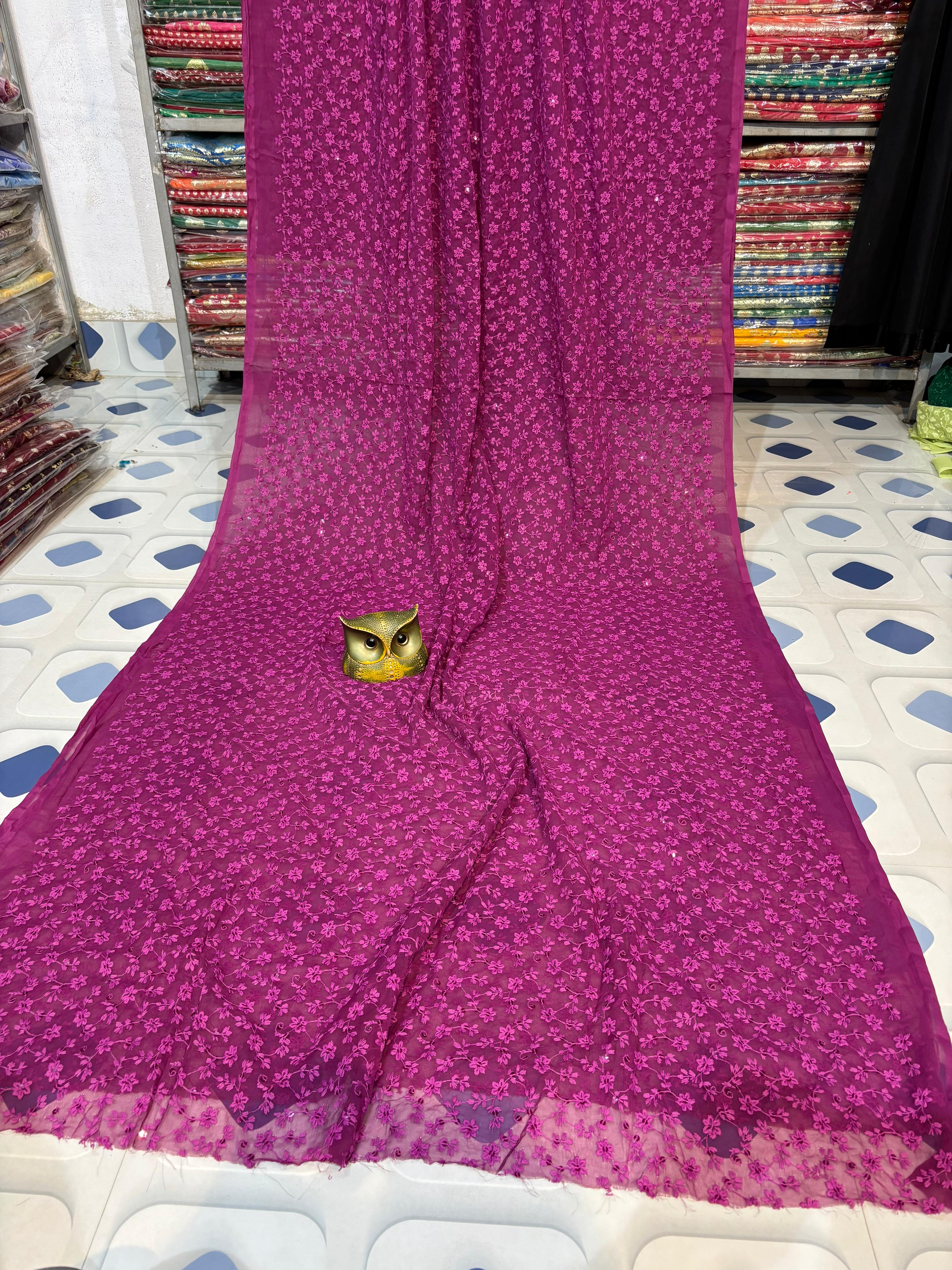 Super soft party wear pure sifon chikon kari saree (with out bp)