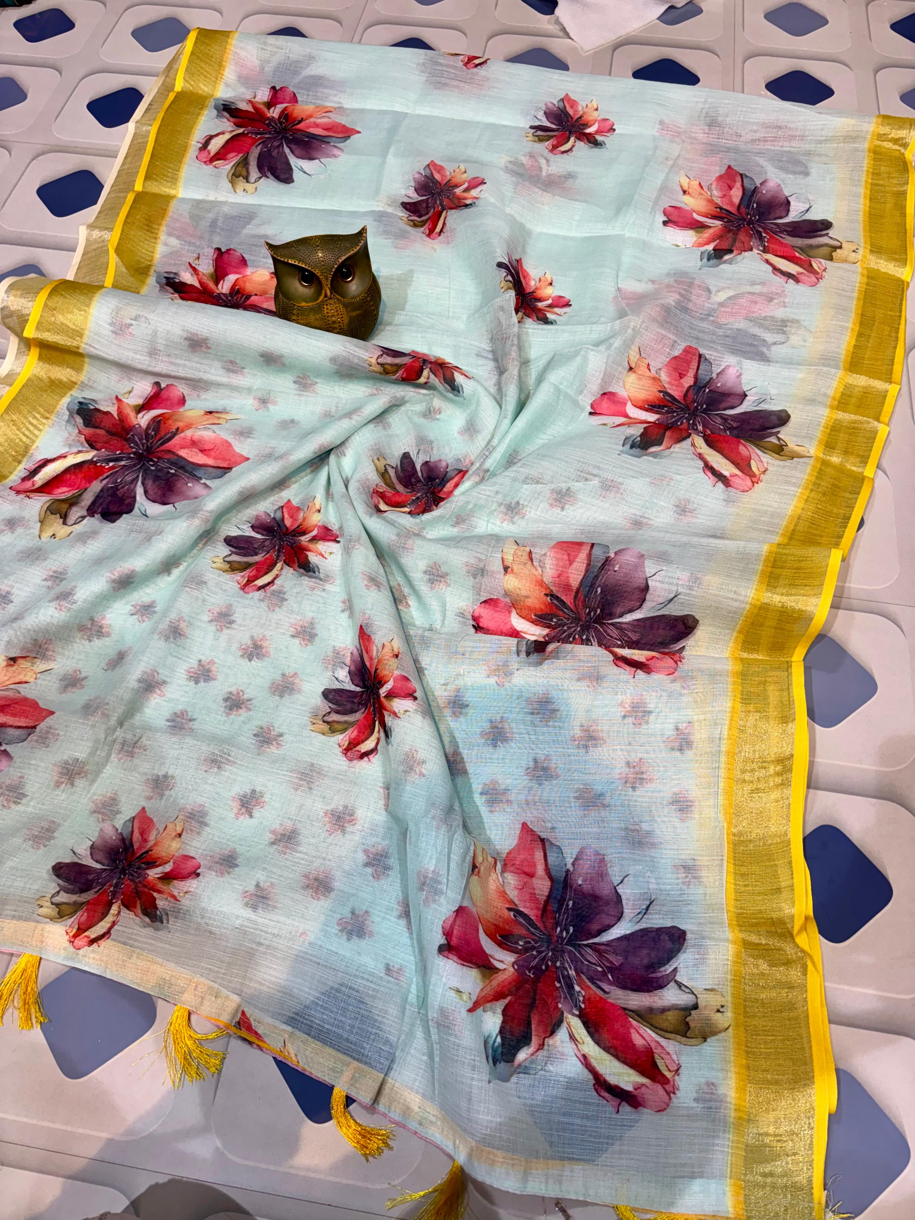 Premium quality pure digital lilen print saree with bp
