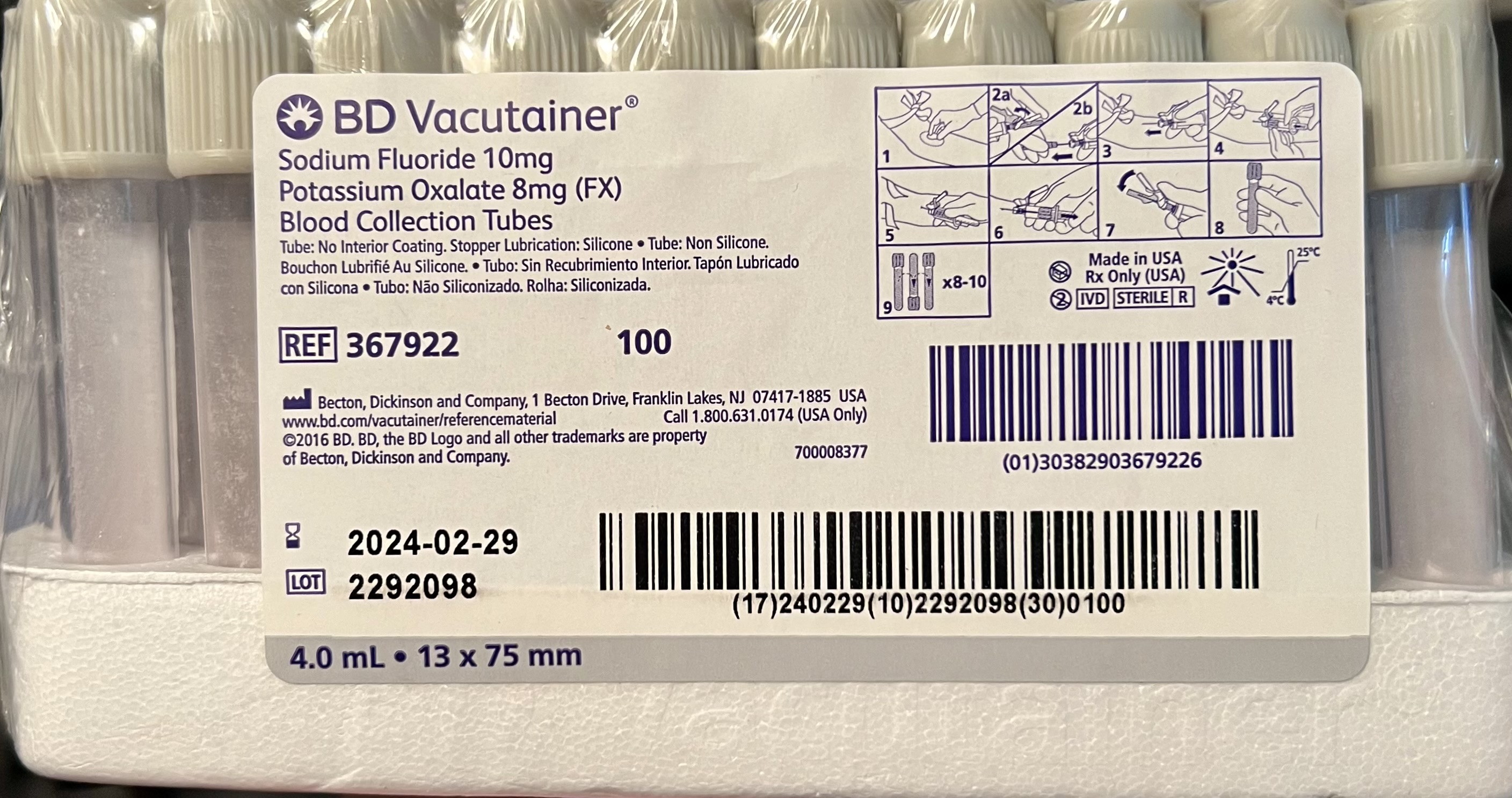 BD Vacutainer 100 Piece Blood Collection Tubes