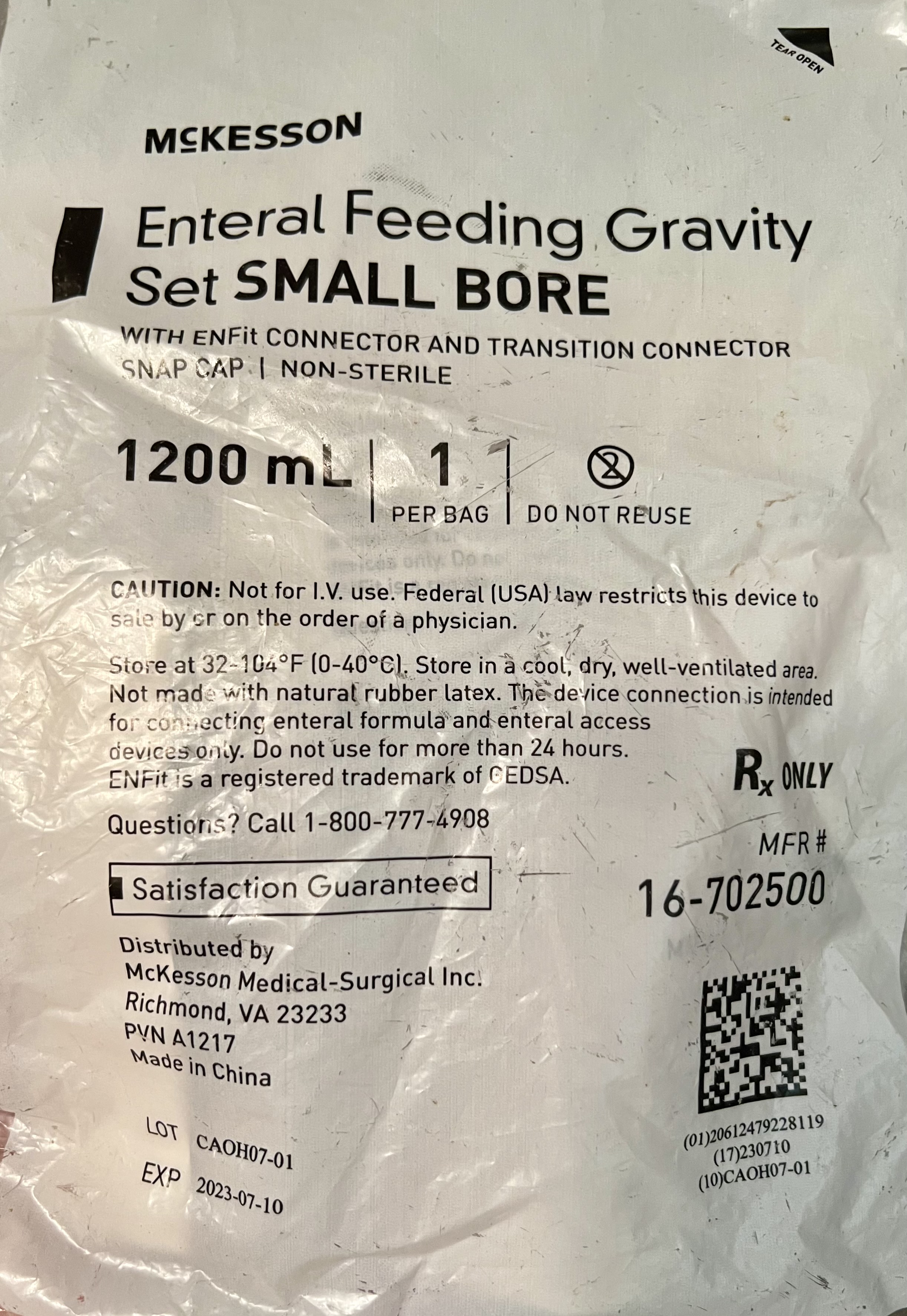 1200ml Enteral Feeding Gravity Set Small Bore