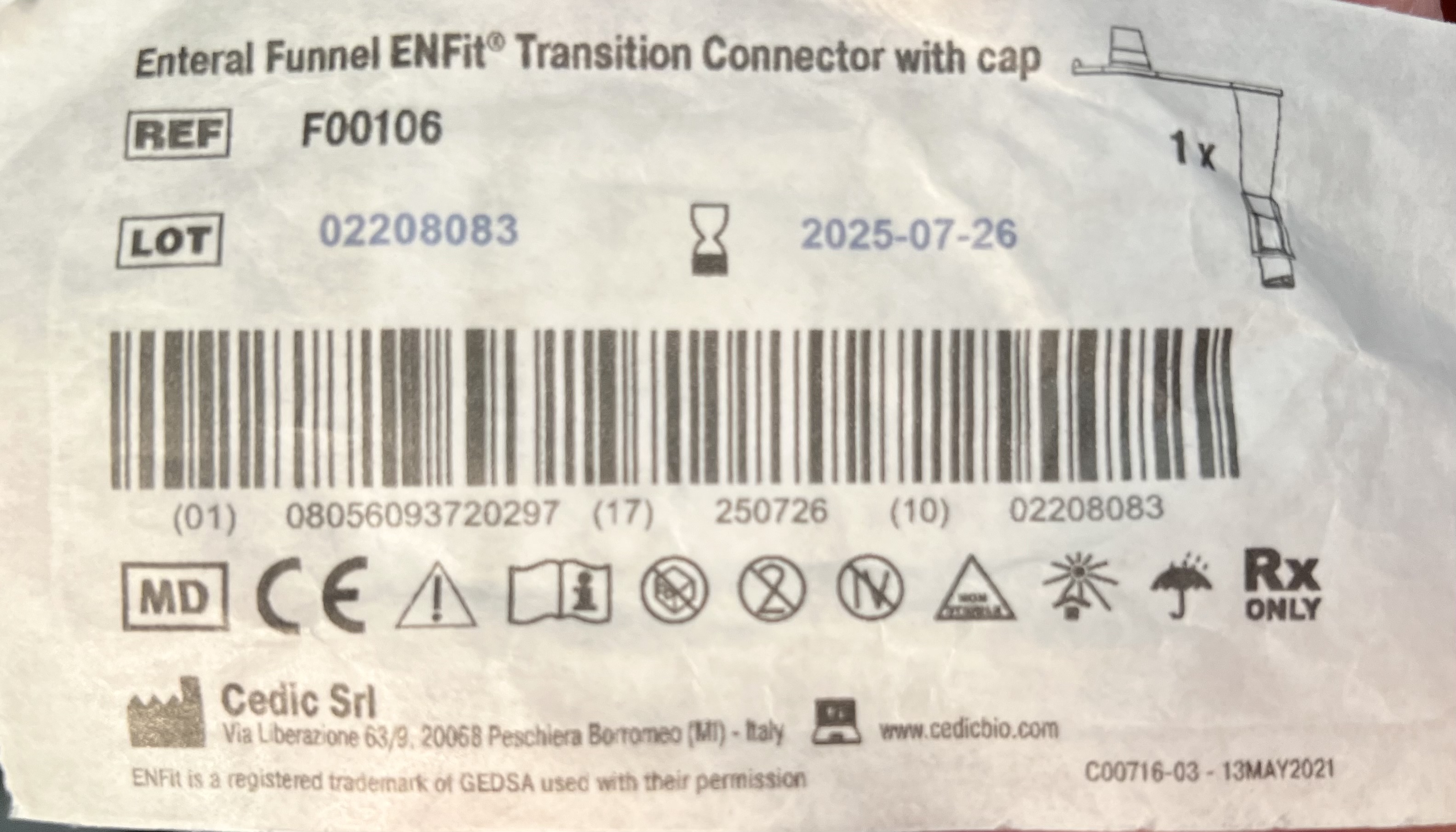 Enteral Funnel ENFit Transition Connector with Cap