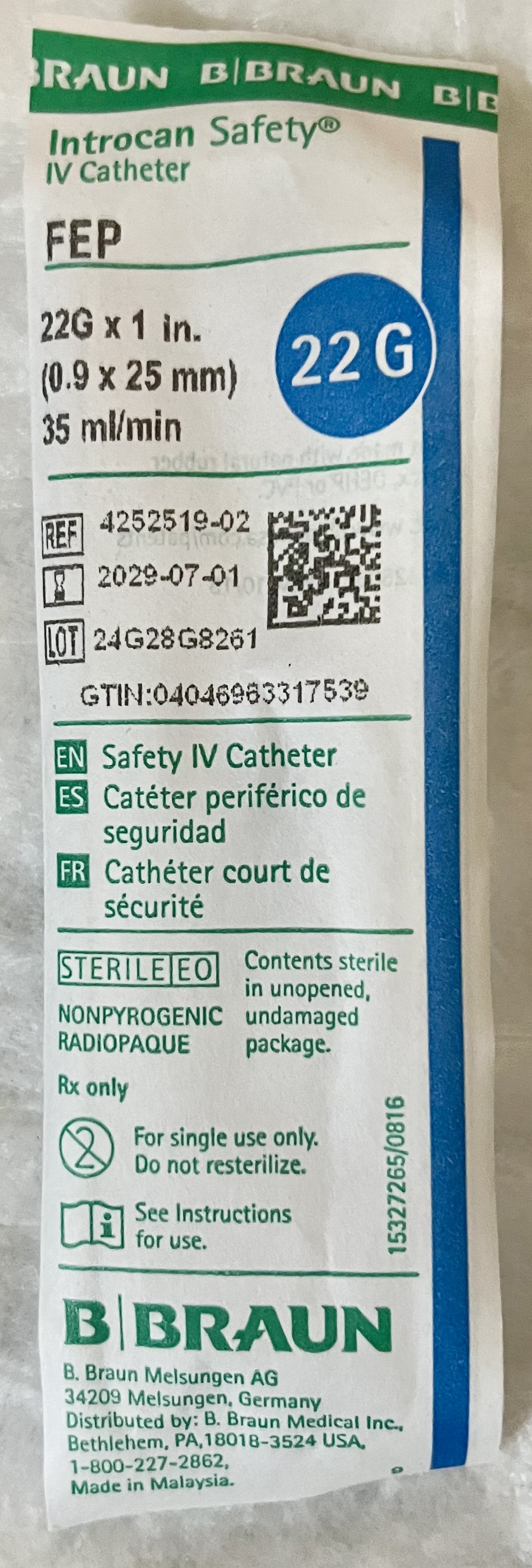 Introcan Safety IV Needle with Catheter 22g x 1in 