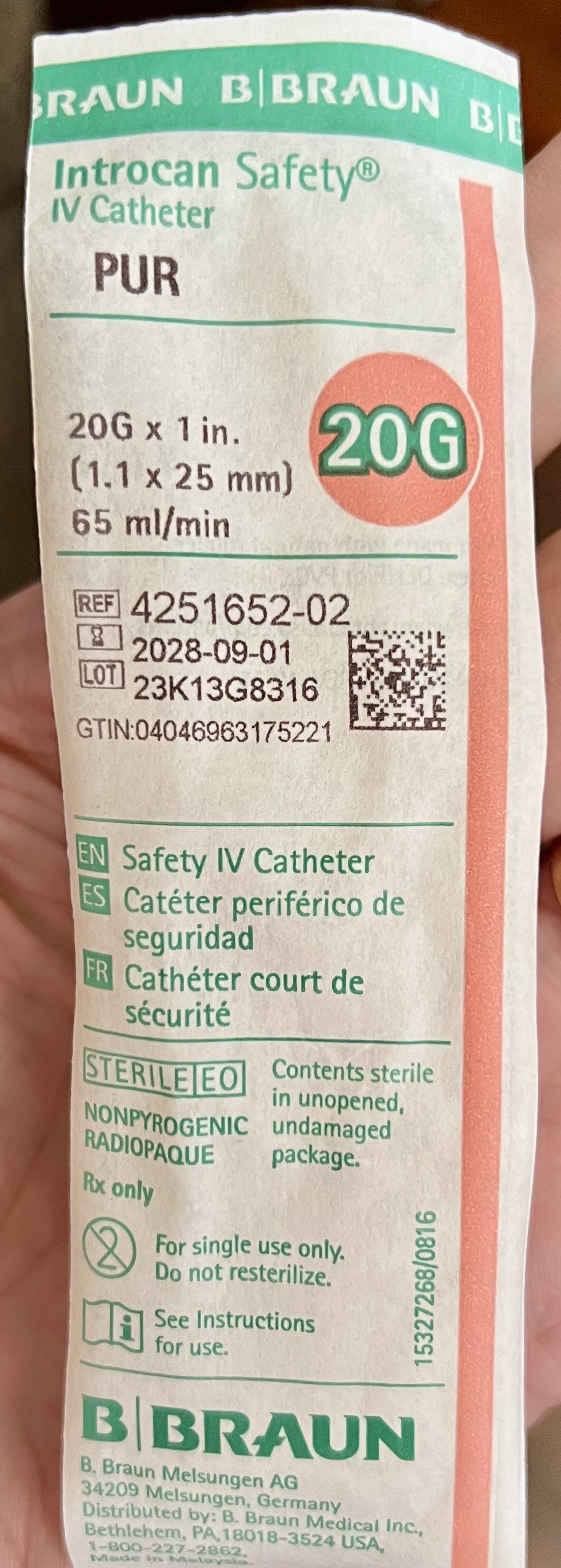 Introcan Safety IV Needle with Catheter 20G x 1 in