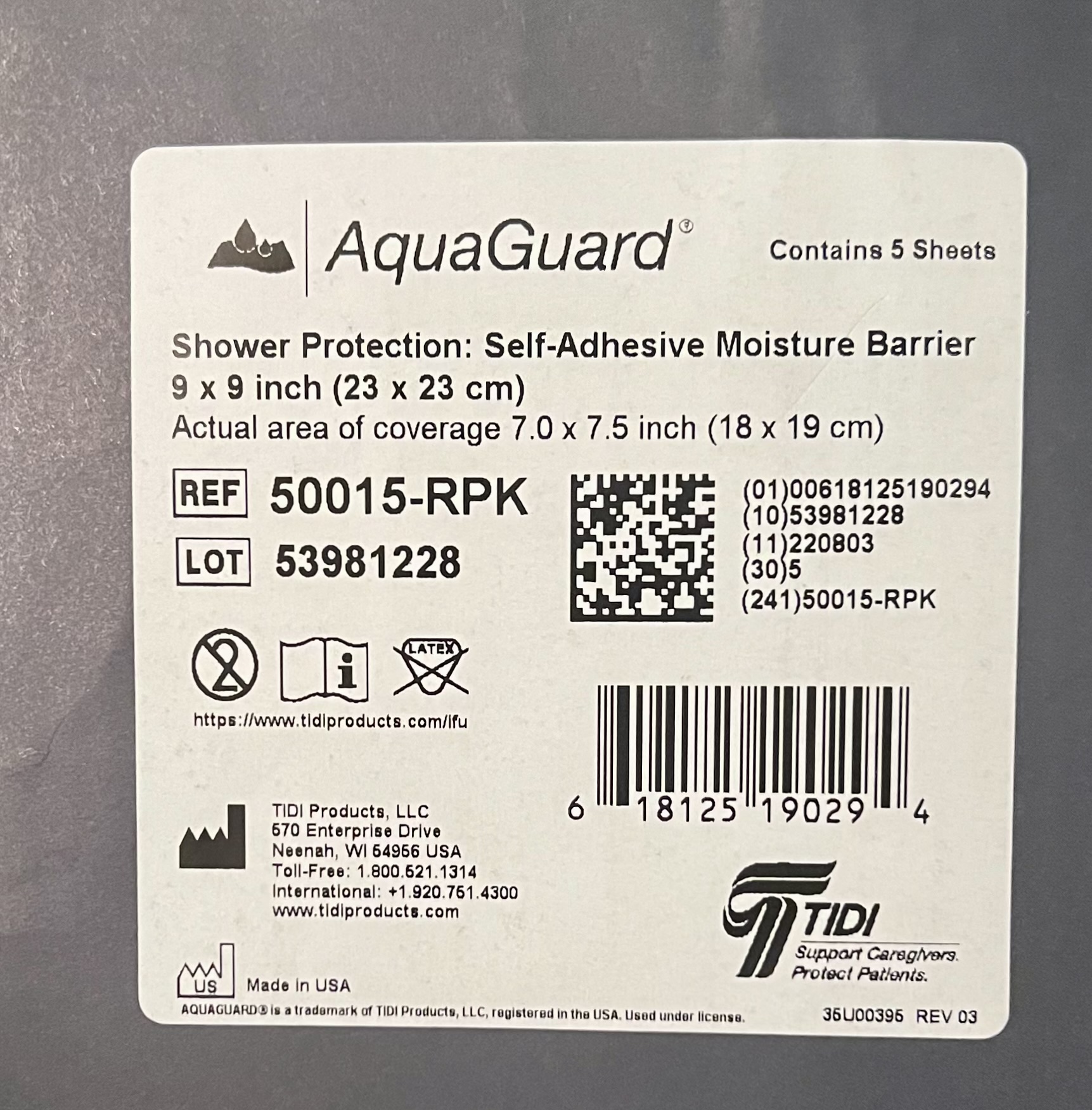 AquaGuard Shower Protection 9” x 9” partial pack of 2 sheets 