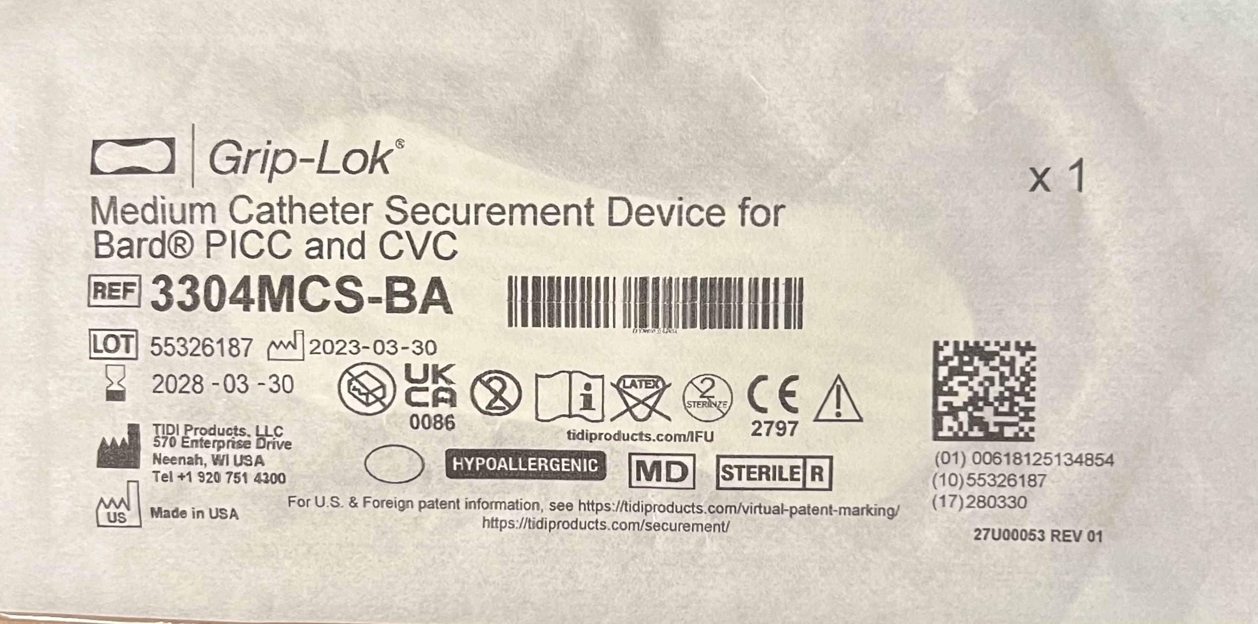 Grip-Lok Medium Catheter Securement Device Ref 3304MCS-BA