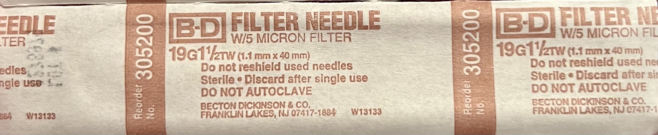 B-D Filter Needle 19G x (1 1/2"), 5 Micron Filter