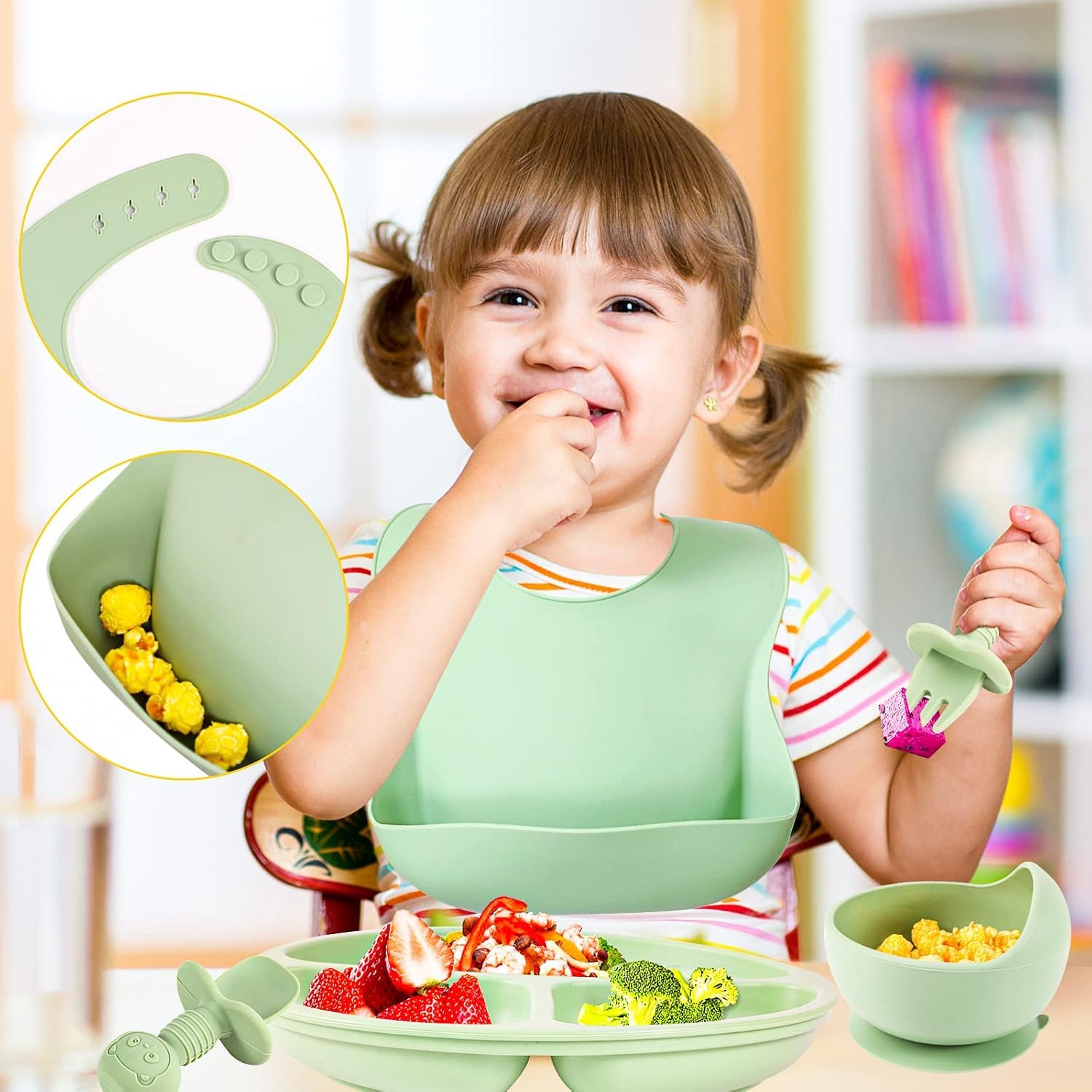  Baby Feeding Set(Green) with Wooden Handle Spoon
