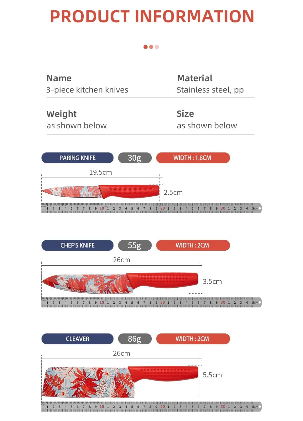  Knife 3 Pcs Set For Kitchen (Red)