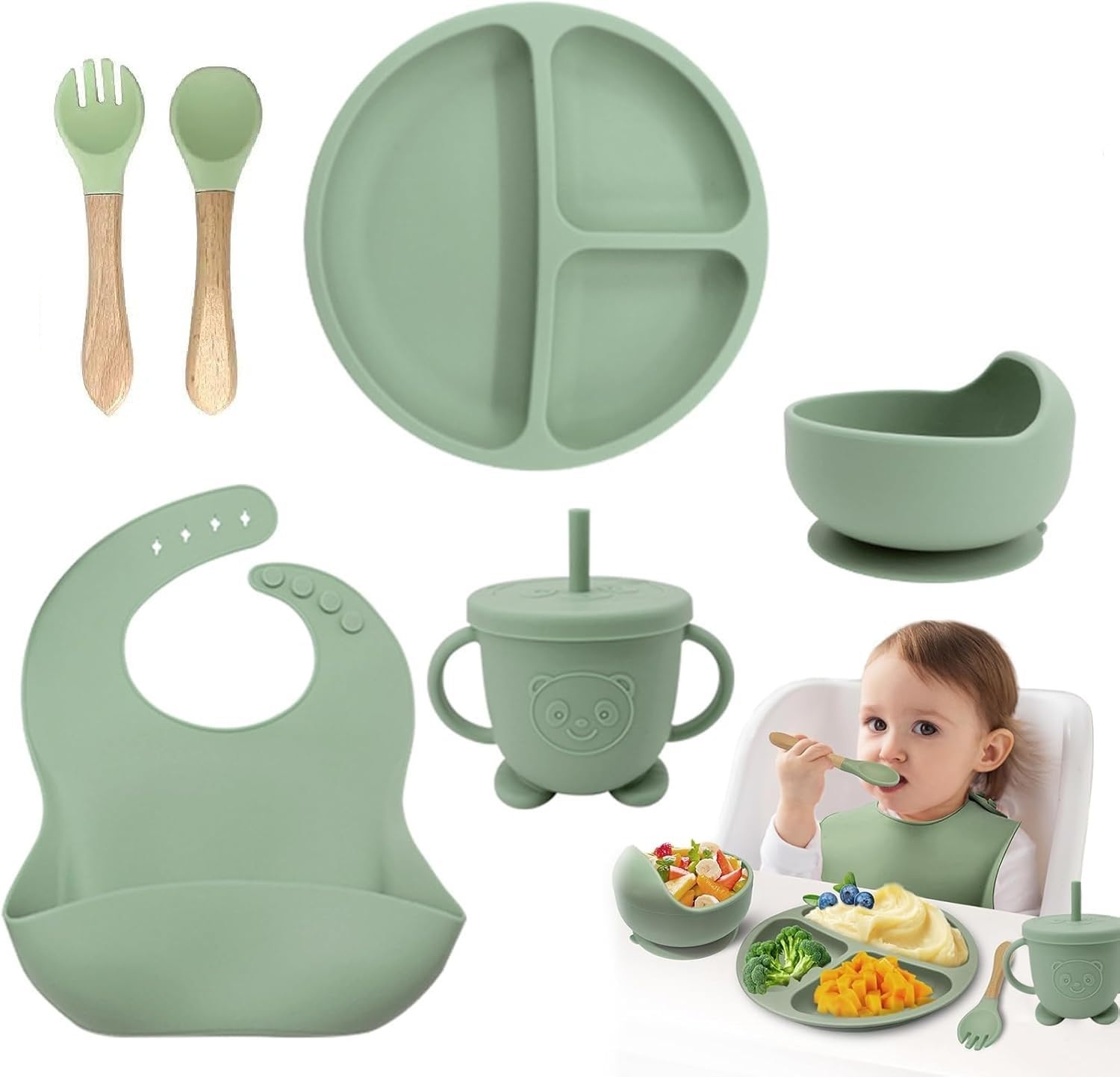  Baby Feeding Set(Green) with Wooden Handle Spoon