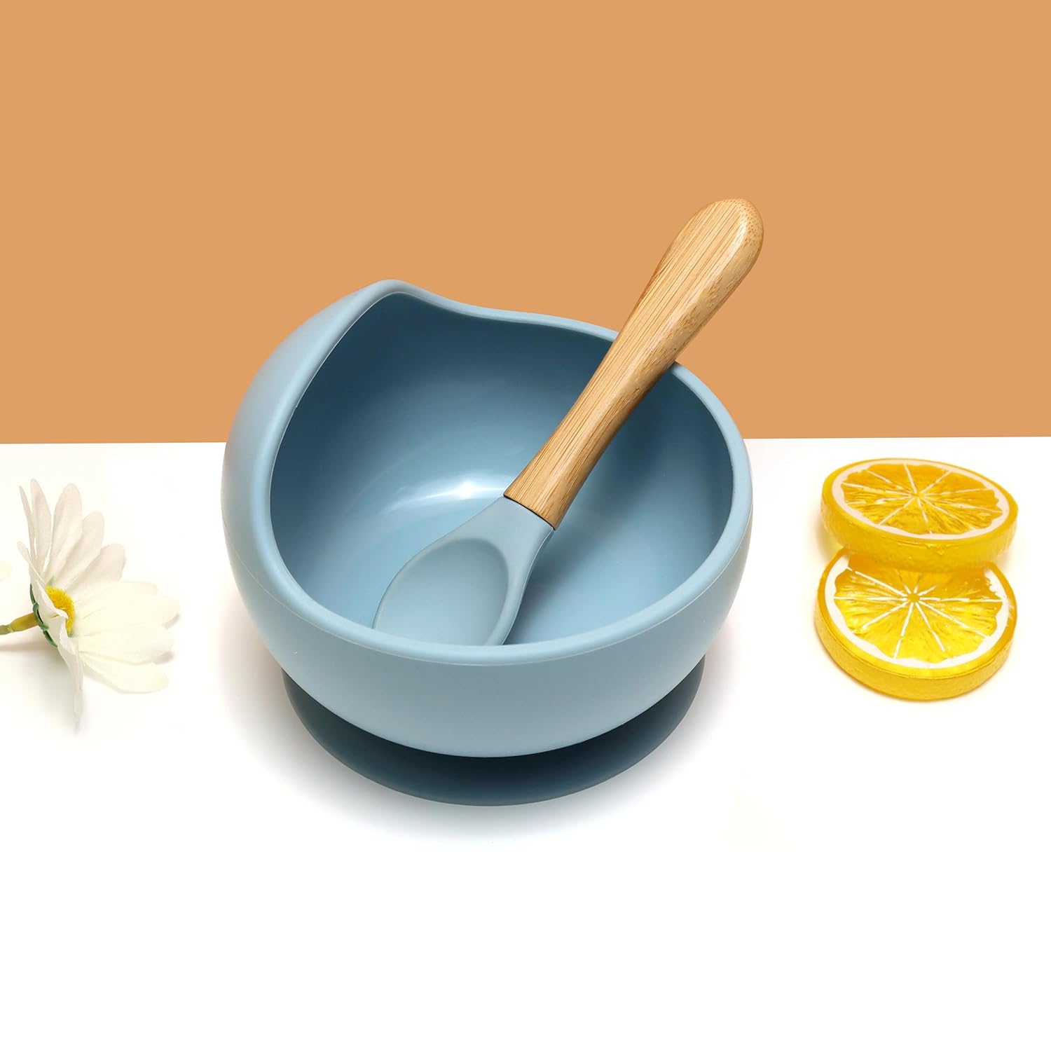 Silicone Baby Feeding Bowl with Wooden Spoon