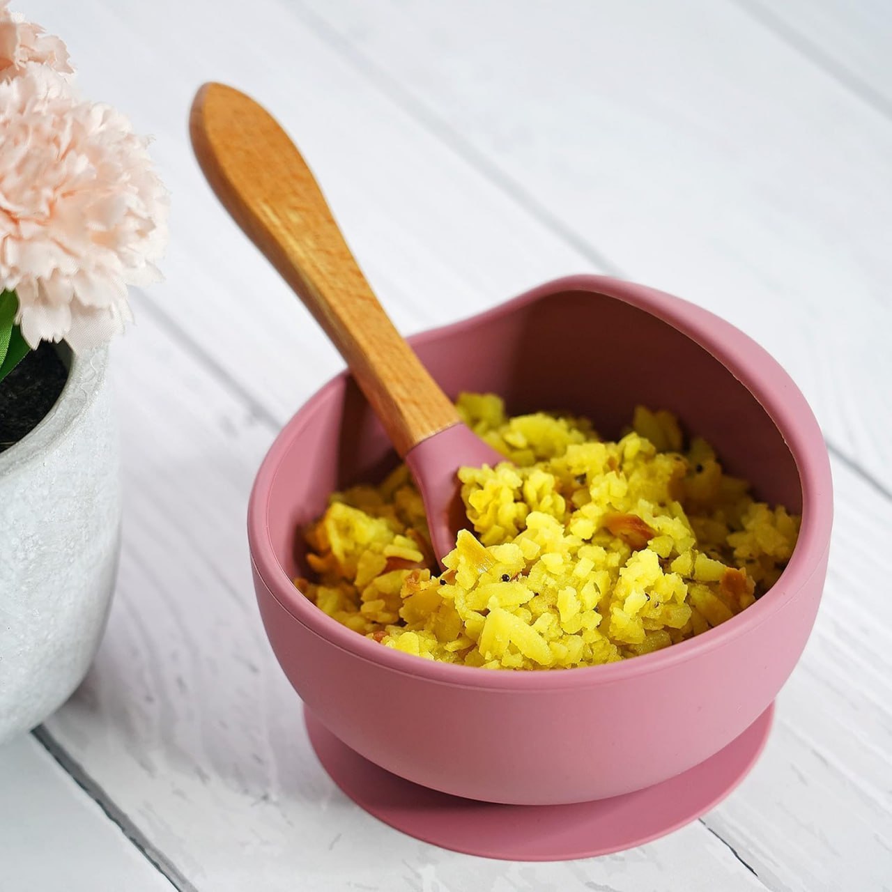 Silicone Baby Feeding Bowl with Wooden Spoon