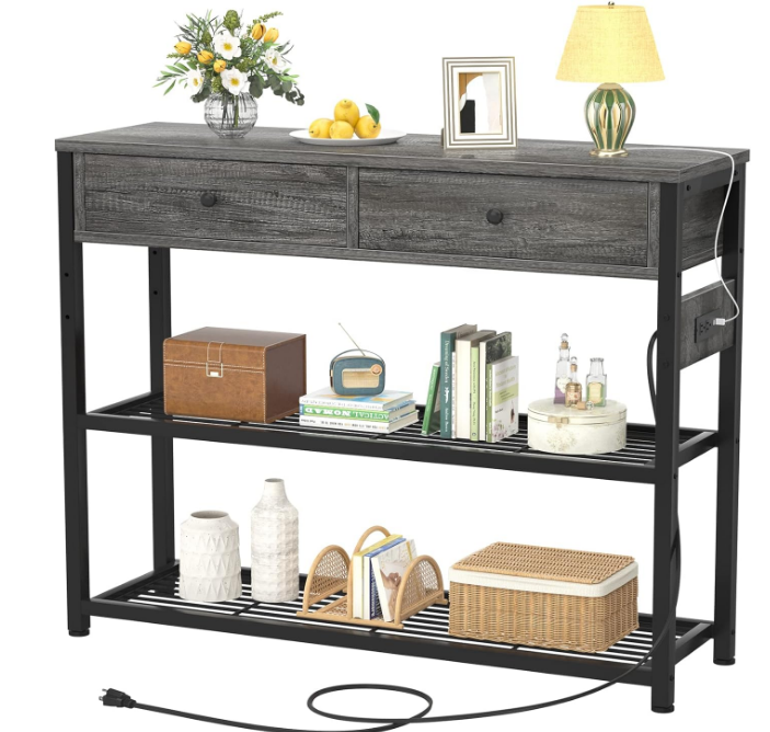 Entryway Table with Outlets and USB Ports, Console Table with 2 Drawers, Sofa Table Narrow Long with Storage Shelves for Living Room, Couch, Hallway, Foyer, Kitchen Counter, 32'', Grey