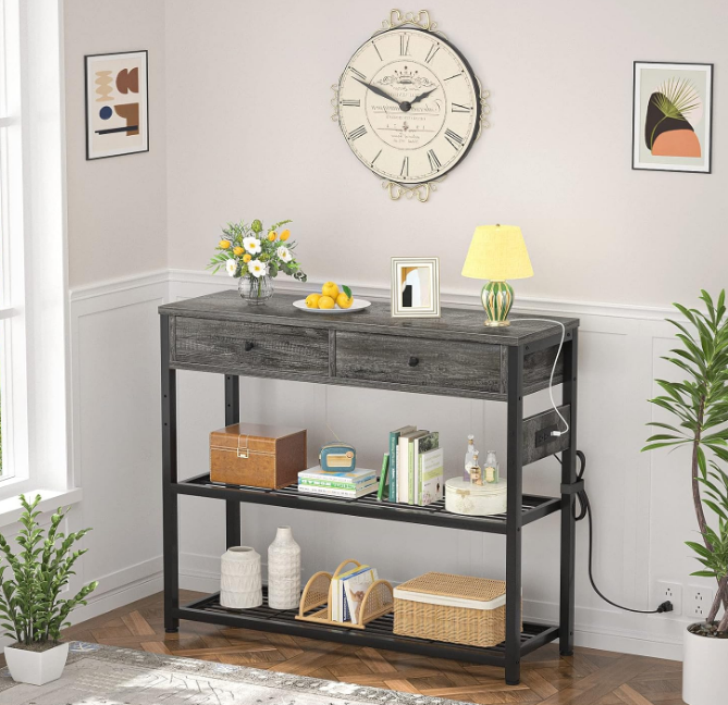Entryway Table with Outlets and USB Ports, Console Table with 2 Drawers, Sofa Table Narrow Long with Storage Shelves for Living Room, Couch, Hallway, Foyer, Kitchen Counter, 32'', Grey
