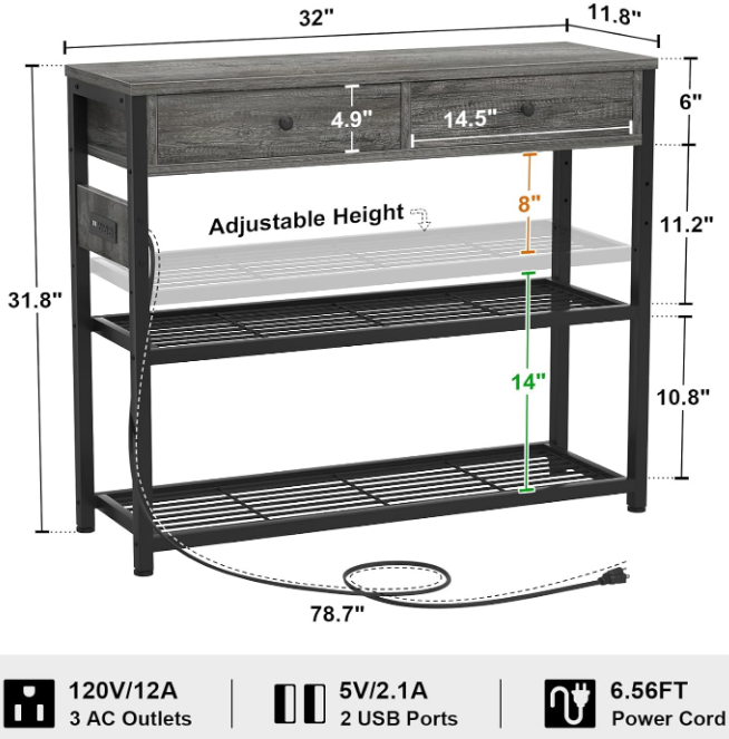 Entryway Table with Outlets and USB Ports, Console Table with 2 Drawers, Sofa Table Narrow Long with Storage Shelves for Living Room, Couch, Hallway, Foyer, Kitchen Counter, 32'', Grey