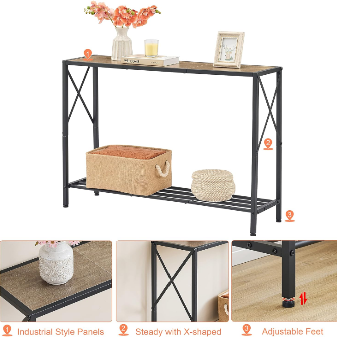 Console Table, 2-Tier Industrial entryway Table, 41.8”L Narrow Sofa Table with Shelves, Entrance Table for Entryway, Hallway, Living Room, Foyer, Corridor, Office, Grey & Black