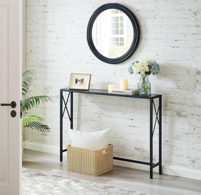 Console Table with 2 AC Oulets & 2 USB Ports, Narrow Sofa Table, Entryway Table, Industrial Sofa Table for Hallway, Living Room, Bedroom, Long Console Table, 6.5 Feet Power Cord